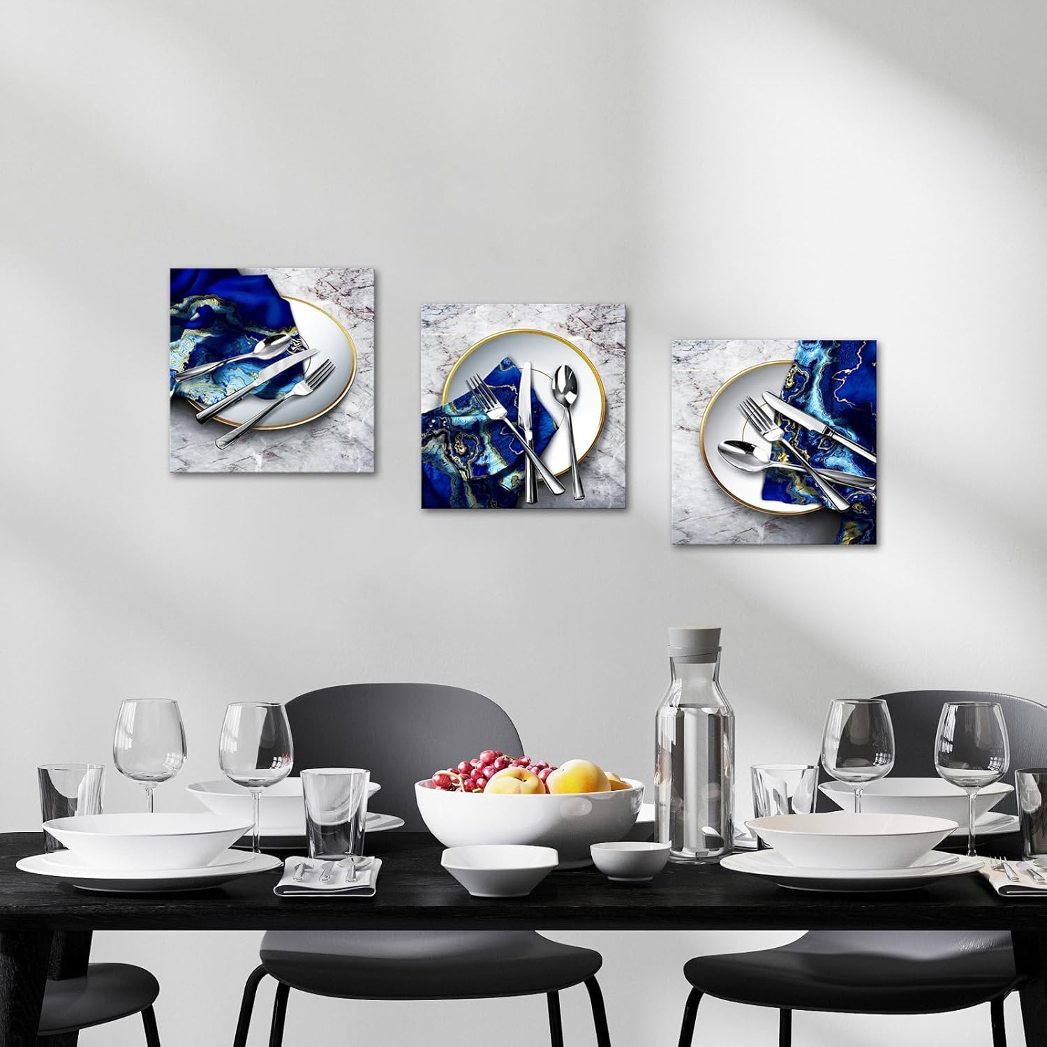 WELMECO Dining Room Wall Art Modern Kitchen Decor Pictures Blue Marble Prints Dining Room Wall Decor Framed Artwork 12"x12"x3 Pieces (Blue)