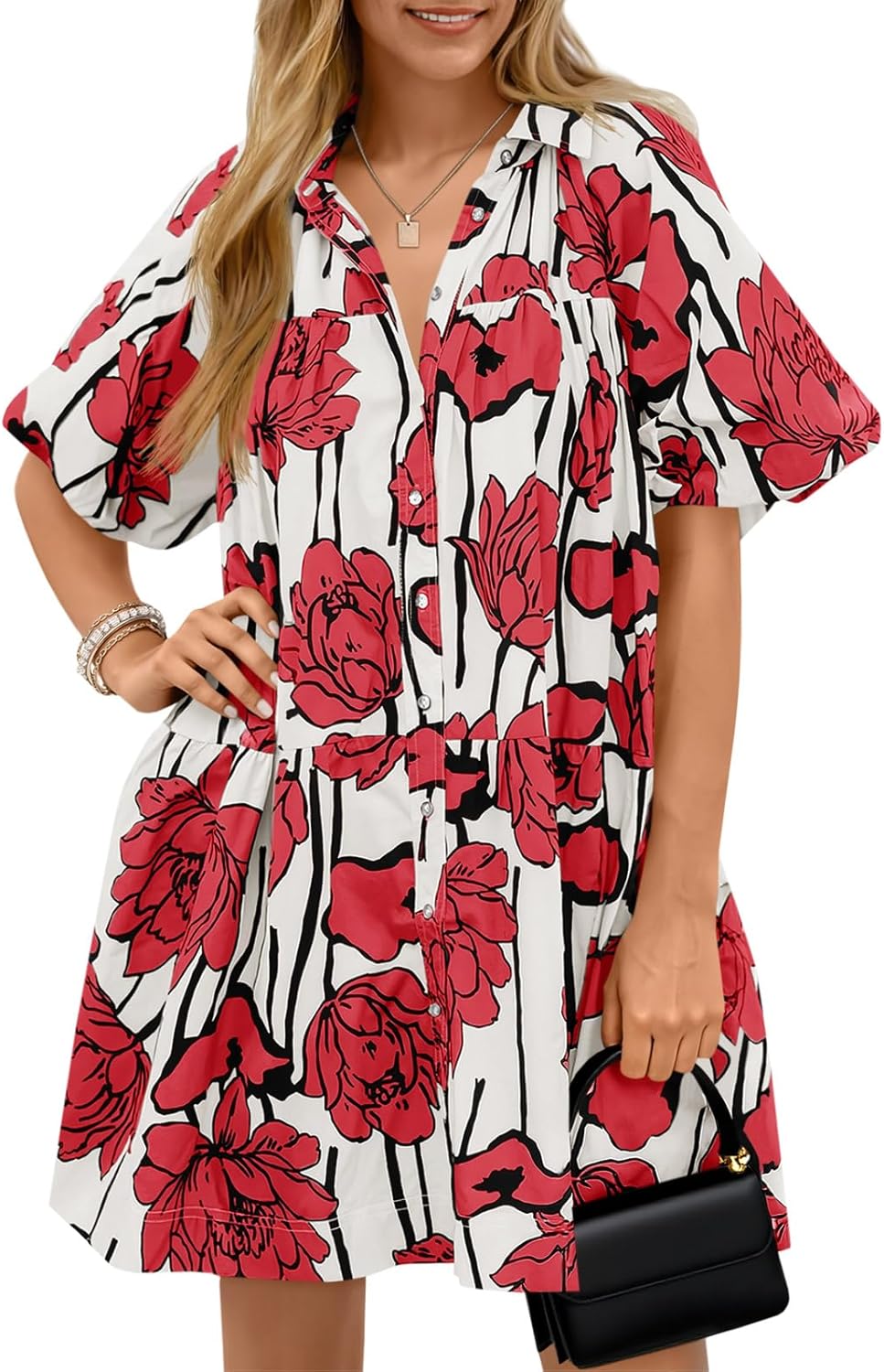 Wenrine Women's Summer Button Down Shirt Dress Floral Puff Short Sleeve Casual Loose Fit Beach Mini Dresses