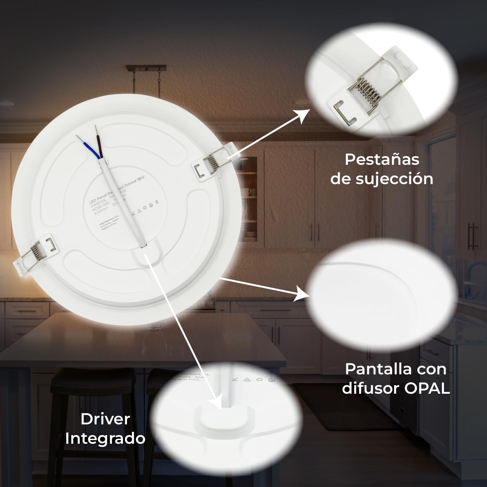 LED ATOMANT Downlight LED Panel Redondo 220mm 18W, Color Blanco Frio (6500K), Corte 190-205mm, 1650 lumenes, Driver integrado, Para Techo Cocina Baño