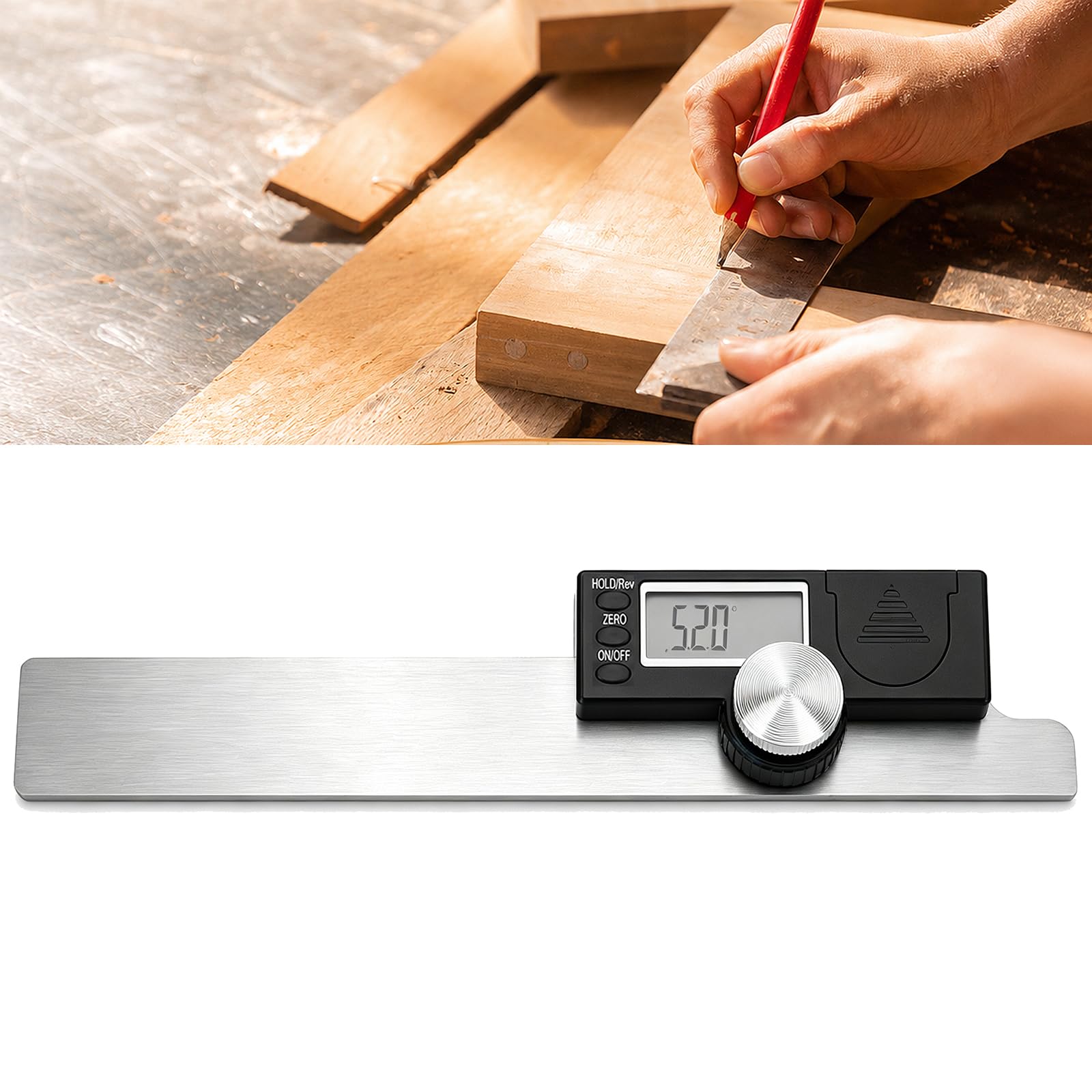 Goniómetro de Acero Inoxidable, 0-180 ° Buscador de Ángulo Electrónico de Alta Precisión Regla de Ángulo Lcd Digital 0.01 ° Trazado Rular, para La Medición de La Construcción de La Madera (120X150 mm)