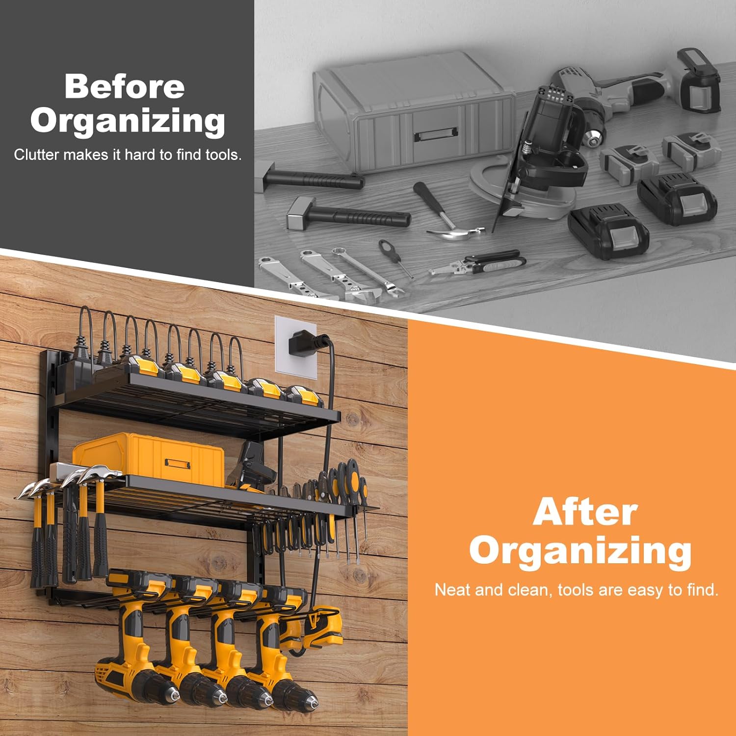 Power Tool Organizer Wall Mount with Charging Station, 4 Drill Holder Cordless Tool Organizer, 3 Layer Storage Rack Heavy Duty Metal Garage Organization with 8 Outlet Power Strip for Fathers Men Gift
