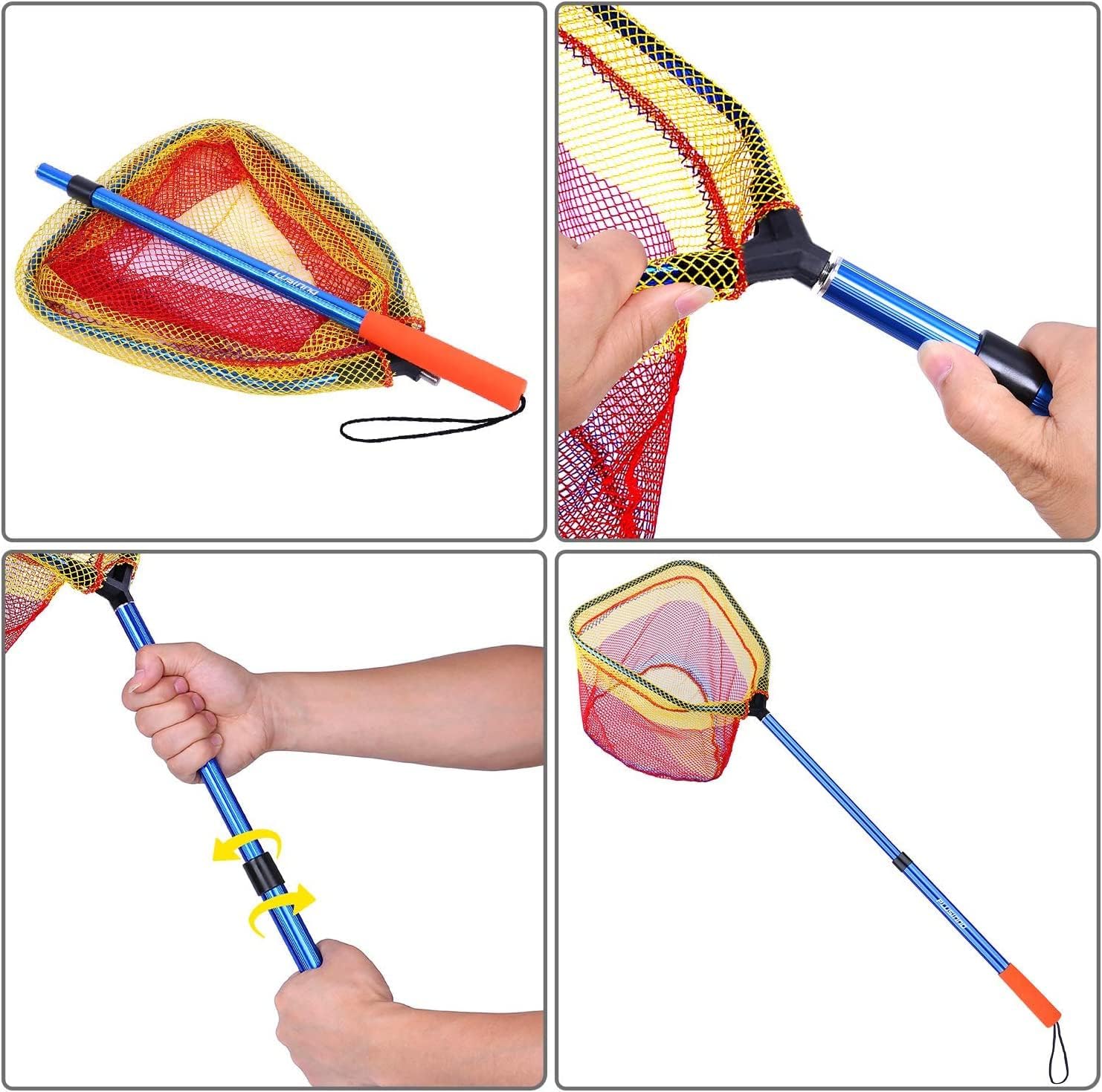 PLUSINNO Kids Fishing Net, Telescopic Lightweight Landing Net with Aluminum Pole Handle and Nylon Mesh, Catch and Release Butterfly Net for Kids Youth Outdoor