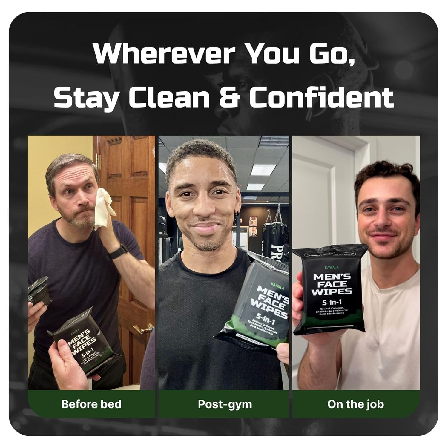 Mens Face Wipes 5-in-1 Anti-Aging Face Cleansing Wipes for Mens Skin Care with Retinol, Collagen, Snail Mucin, Hyaluronic Acid & Niacinamide – Alcohol-Free for Oily or Acne-Prone Skin Woodsy Scent - Image 6