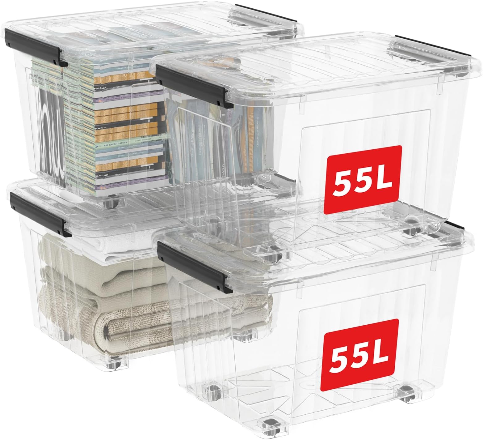 Cetomo 55L*4 Plastic Storage Boxes with Wheels, Lidded Storage Box with Secure Side Latches, PP Nestable and Stackable Clear Organizer for Home, Office, Moving, Transparent, 55L-4 Pack