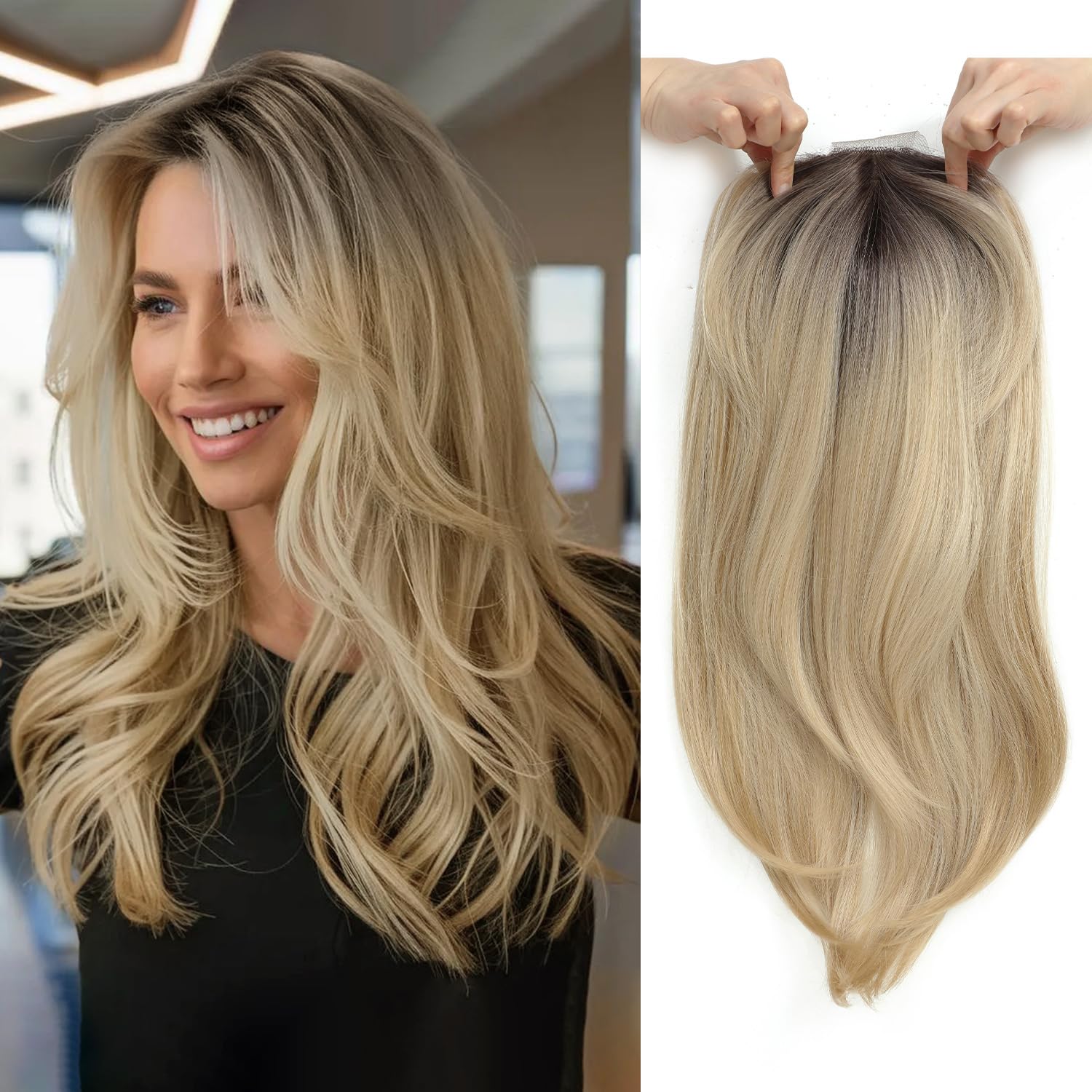 Ms Taj Hair Topper 18 Inch for Women with Thinning Hair - Long Layered 6.5"X6.5" Synthetic Hair Pieces - Fiber Wiglets for Ladies (Ombre Blonde with Dark Root)