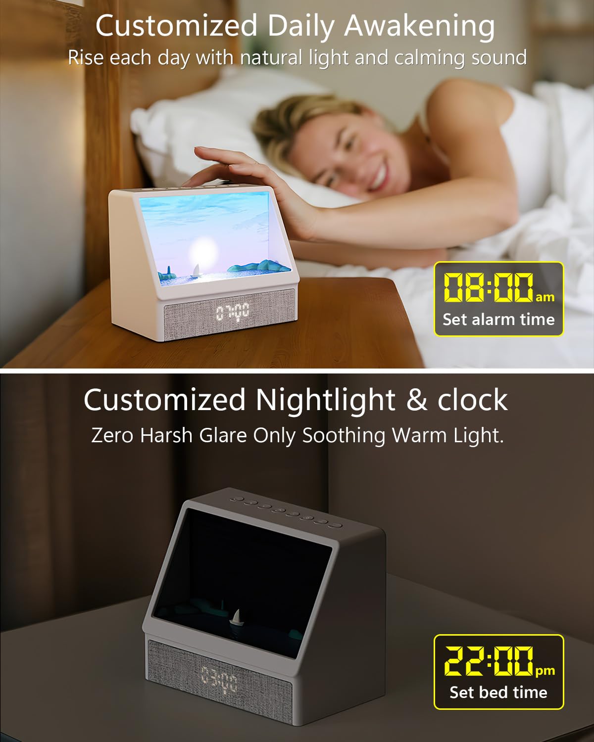 Despertador Luz Wake Up Light LED Simulación Amanecer Atardece 6 Colores Sonidos Naturales Snooze