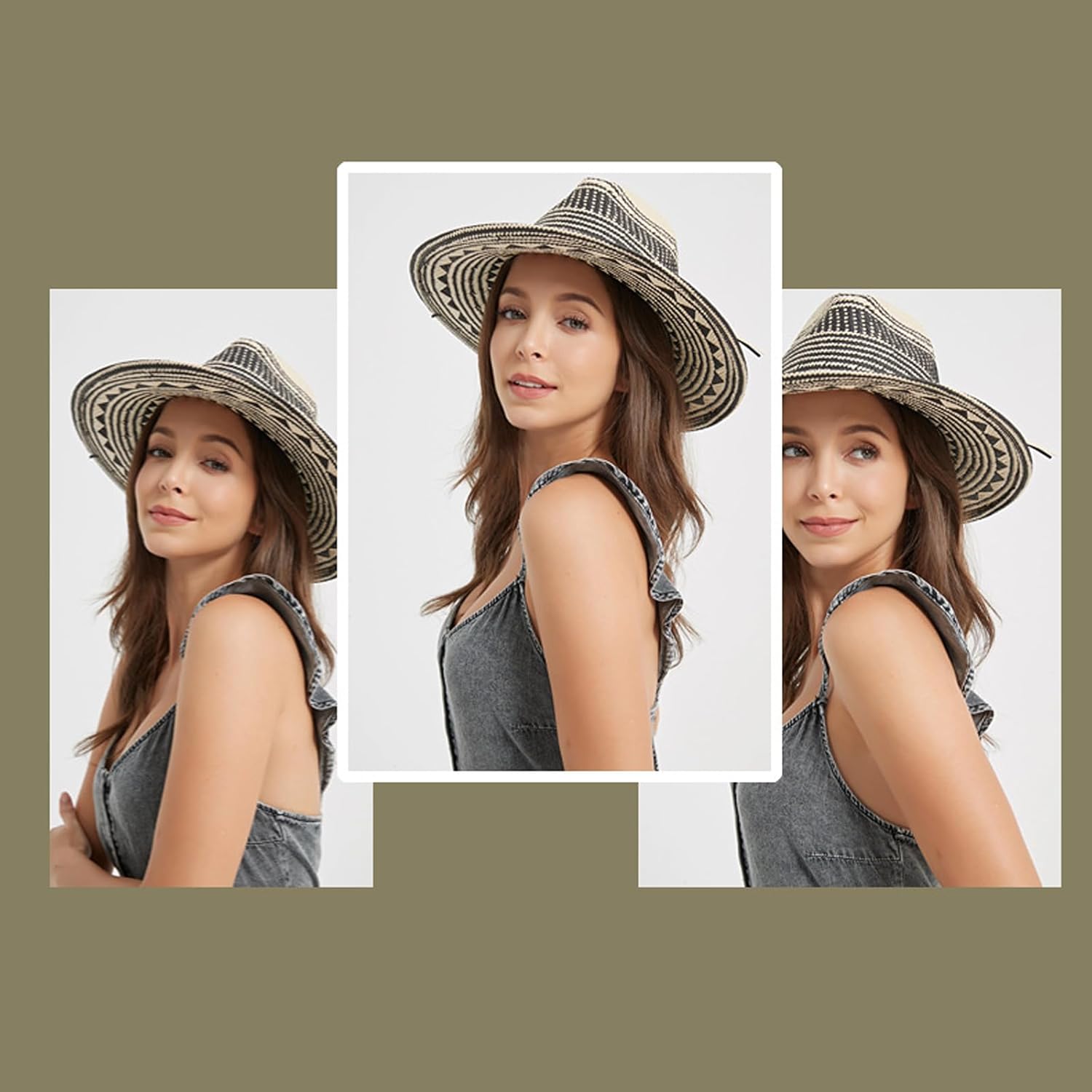 Women's Straw Fedora Sun Hat, Wide Brim, Black and White Geometric Weave, Lightweight Packable Beach Summer Hat