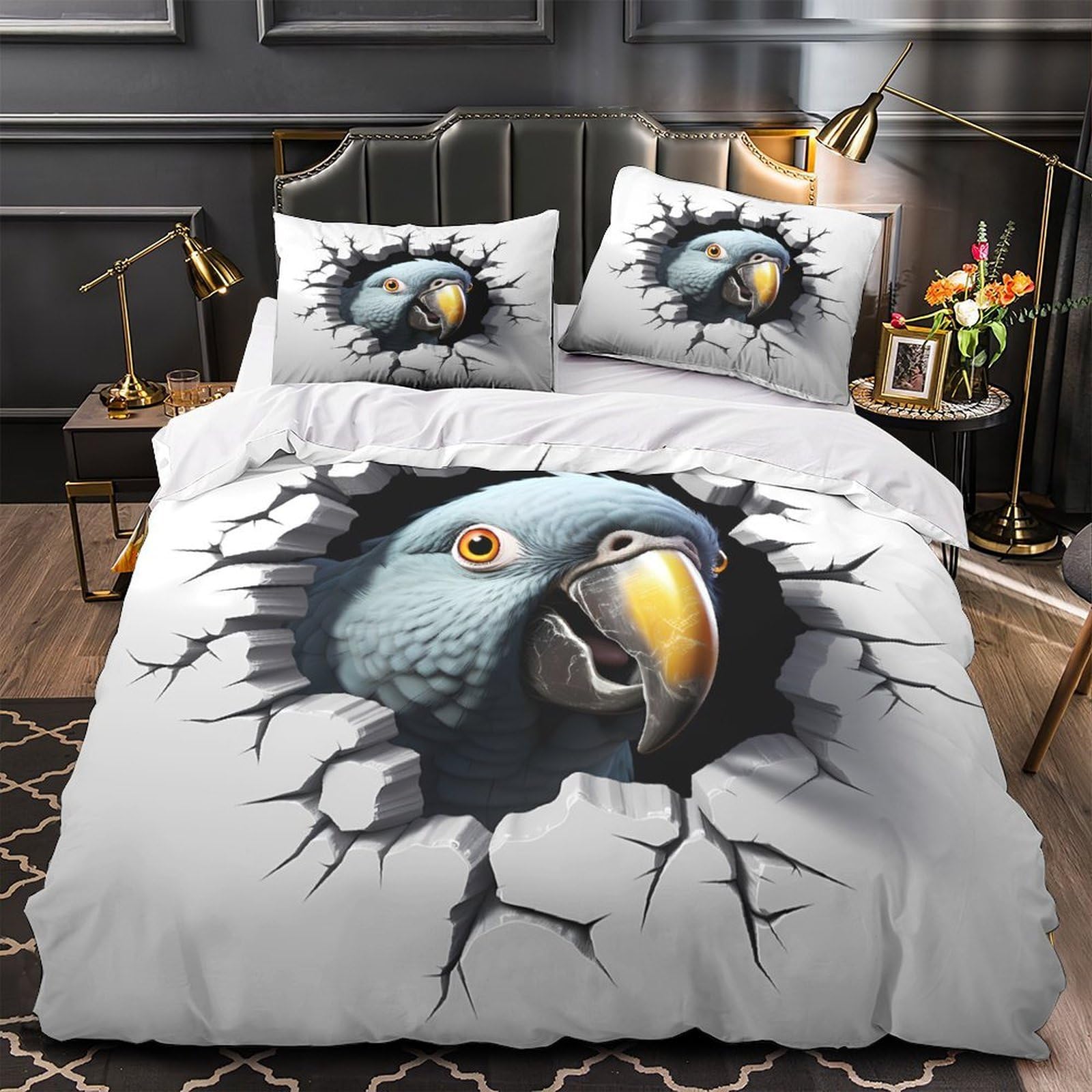Housse de couette 3D effet perroquet parure de lit microfibre 140x200