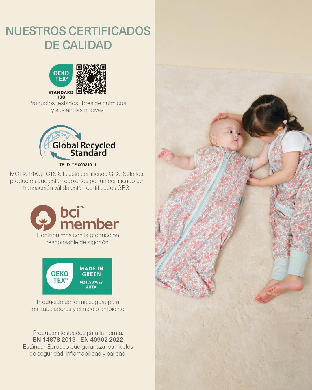 molis&co - Saco de Dormir para bebé 0.5 TOG - 95 cm (18-36 Meses) - Saco Dormir Bebe Verano sin Mangas - Saco de Dormir para Niños Niñas (Unisex) - 100% Algodón (Certificado Oeko-Tex) - Summer Bloom — view 7