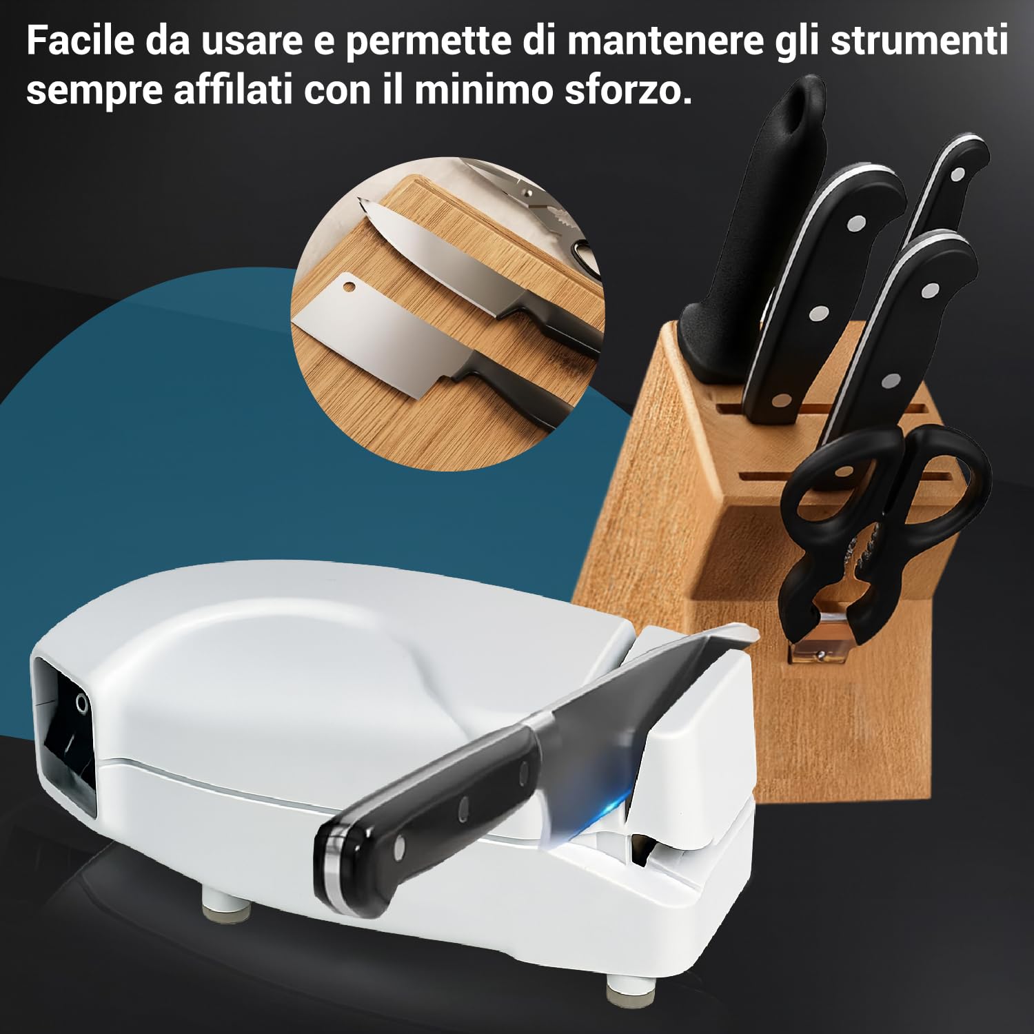Crisalide® - Affilatrice Elettrica per Coltelli e Forbici 230V – Affilacoltelli da Cucina con Ruota Abrasiva e Mola Interna 34 mm – Compatta, Precisa e Facile da Usare