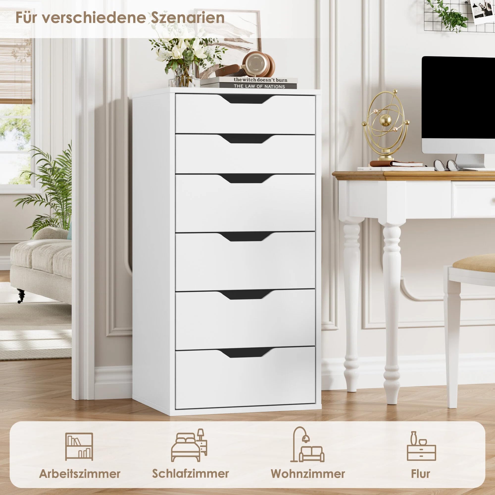 FOREHILL Kommode mit 6 Schubladen, Schubladenschrank schmal Schubladenkommode für Schalfzimmer, Wohnzimmer, Büro, Flur, 45x40x90,5 cm, weiß
