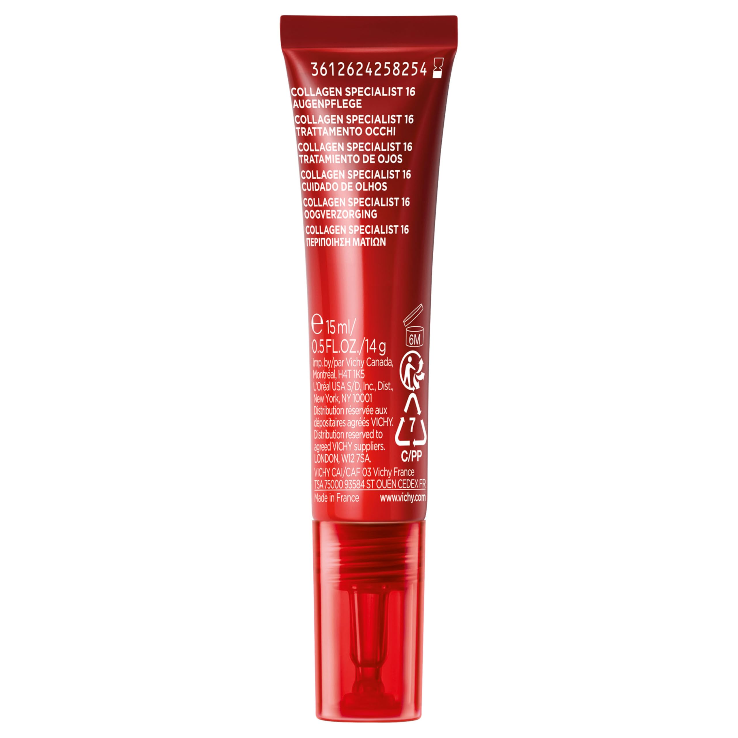 Vichy Krem na objawy starzenia się konturów oczu, wygładza i koryguje, wzbogacony o peptydy kolagenowe, odpowiedni dla wszystkich rodzajów skóry, Liftactiv Collagen Specialist, 15 ml