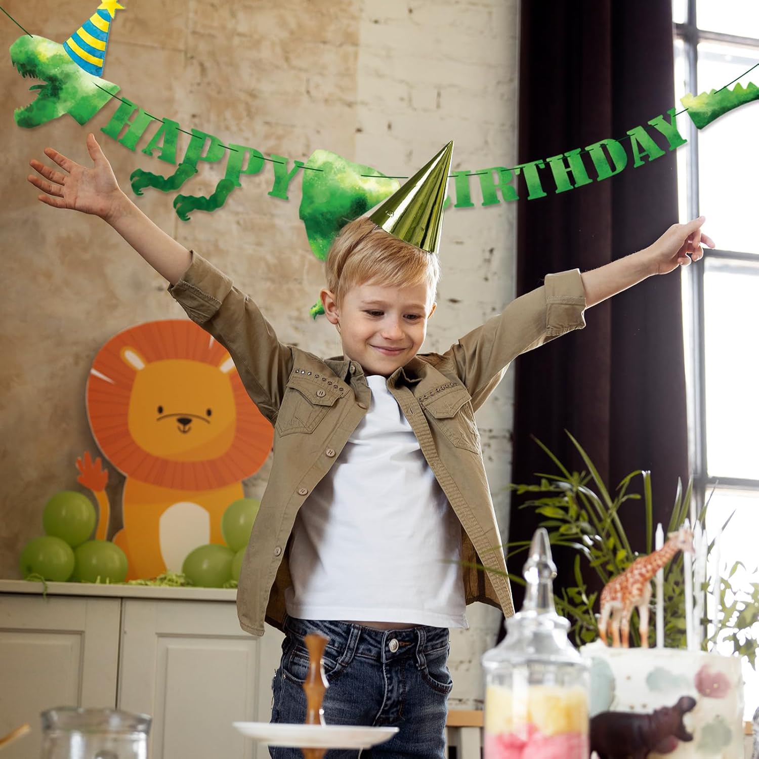 Dinosaur Birthday Banner - Dinosaur Happy Birthday Banner for Kids Party Decoration Dinosaur Theme Birthday Supplies for Boys Girls Party Decor (Green Dinosaur)
