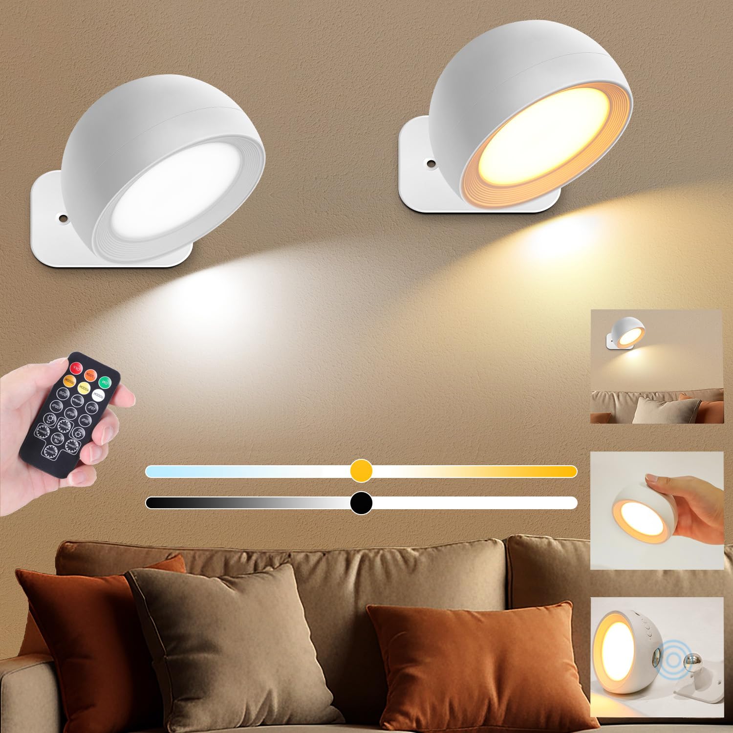 Omdekor Aplique Pared Interior, 2 PCS Lámpara LED Pared, Batería USB Recargable Control Táctil, 4 Modo Color/Nivele Brillo, Iluminación Giratorio 360°, Lampara para Dormitorio, Sala de Estar, Pasillo