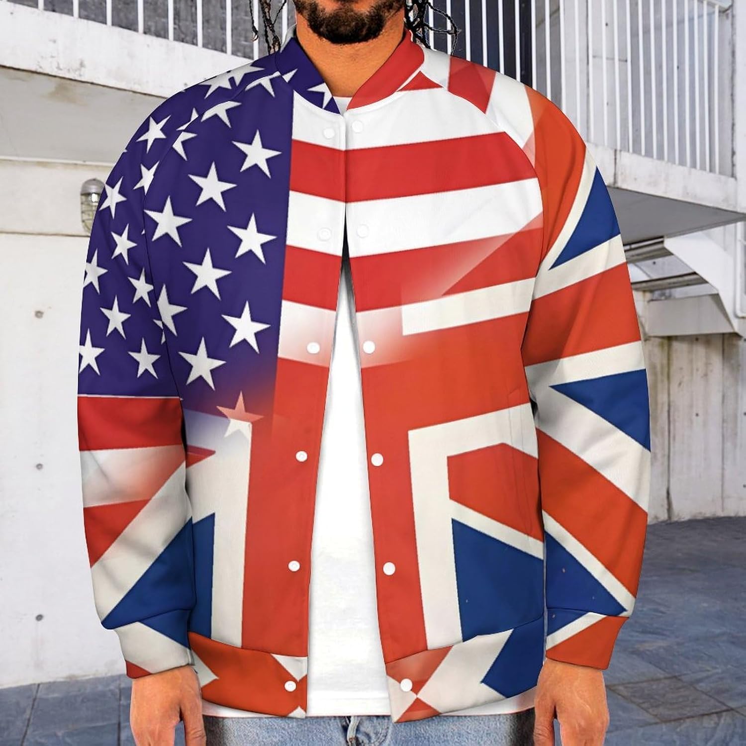 US British Combined Flag Novelty Men's Baseball Jackets Causal Sweatshirt Button Top Long Sleeve Coat