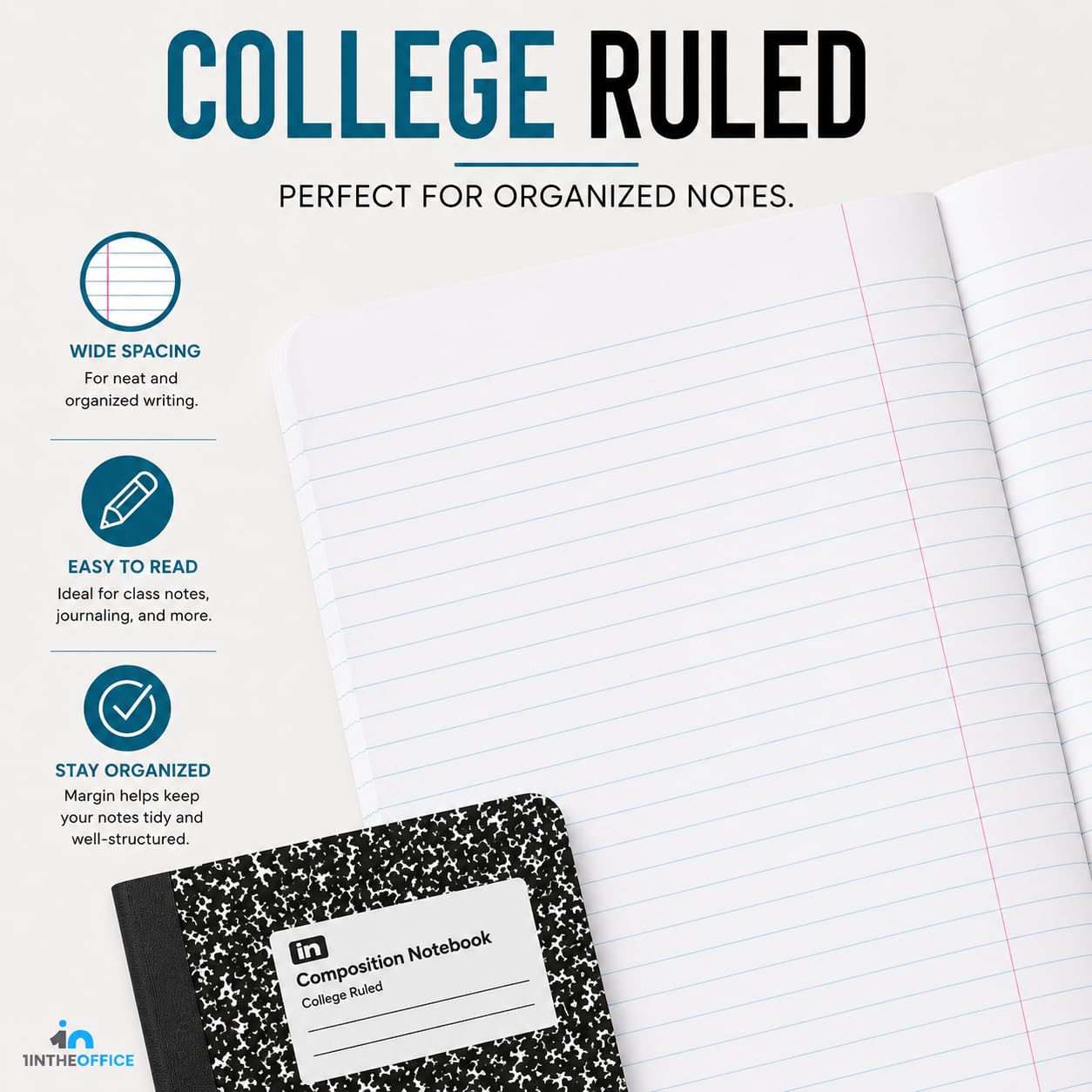 1InTheOffice College Carnet de notes ligné 9,75 x 7,5, couverture en marbre noir, 100 feuilles, (Lot de 12)