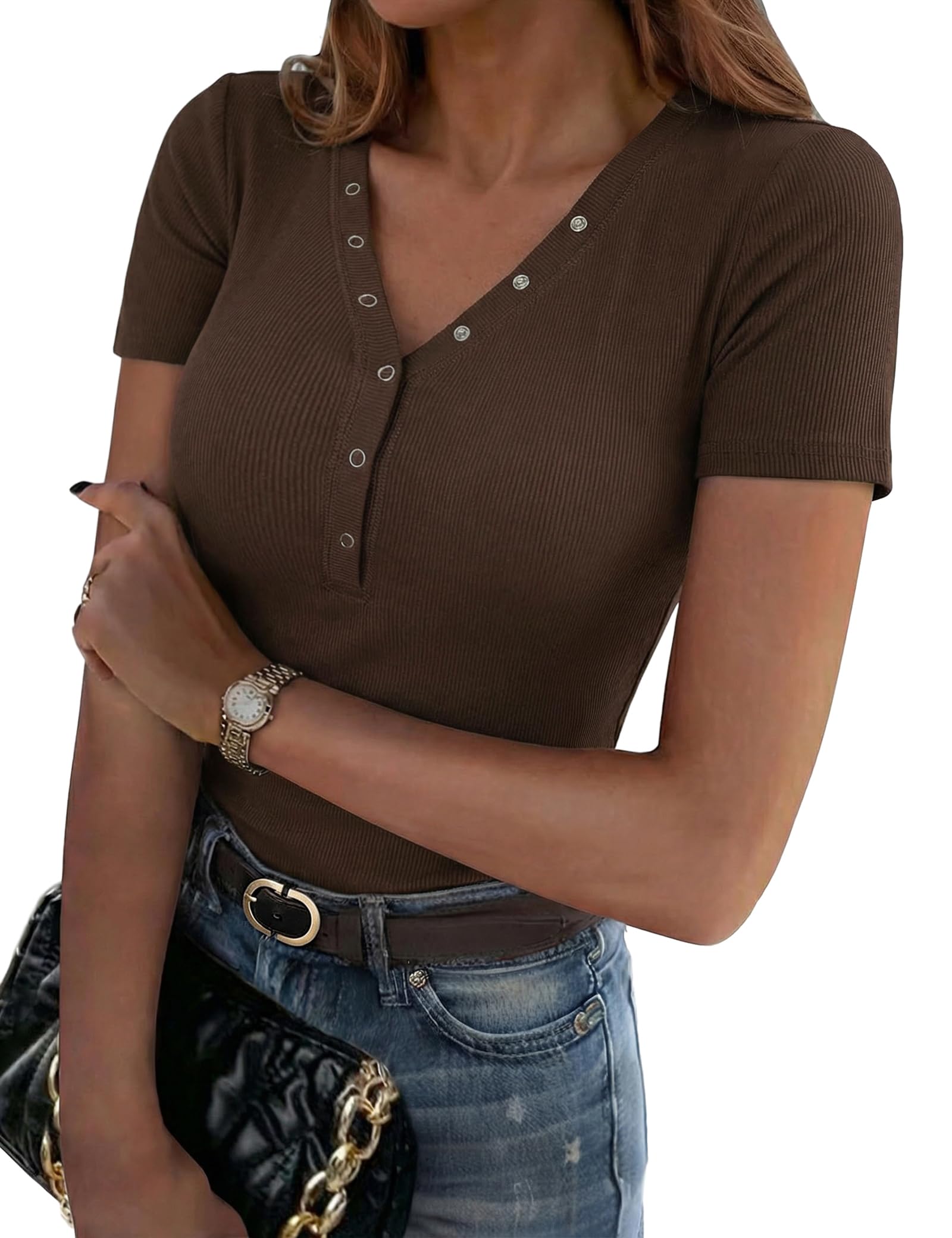 Aottori T-Shirt Damen V-Ausschnitt mit Knöpfen Oberteile Kurzarm Sommer Gerippt Tee Shirts Elegant Slim Fit Tshirt Stretch Casual Basic Tops Einfarbig