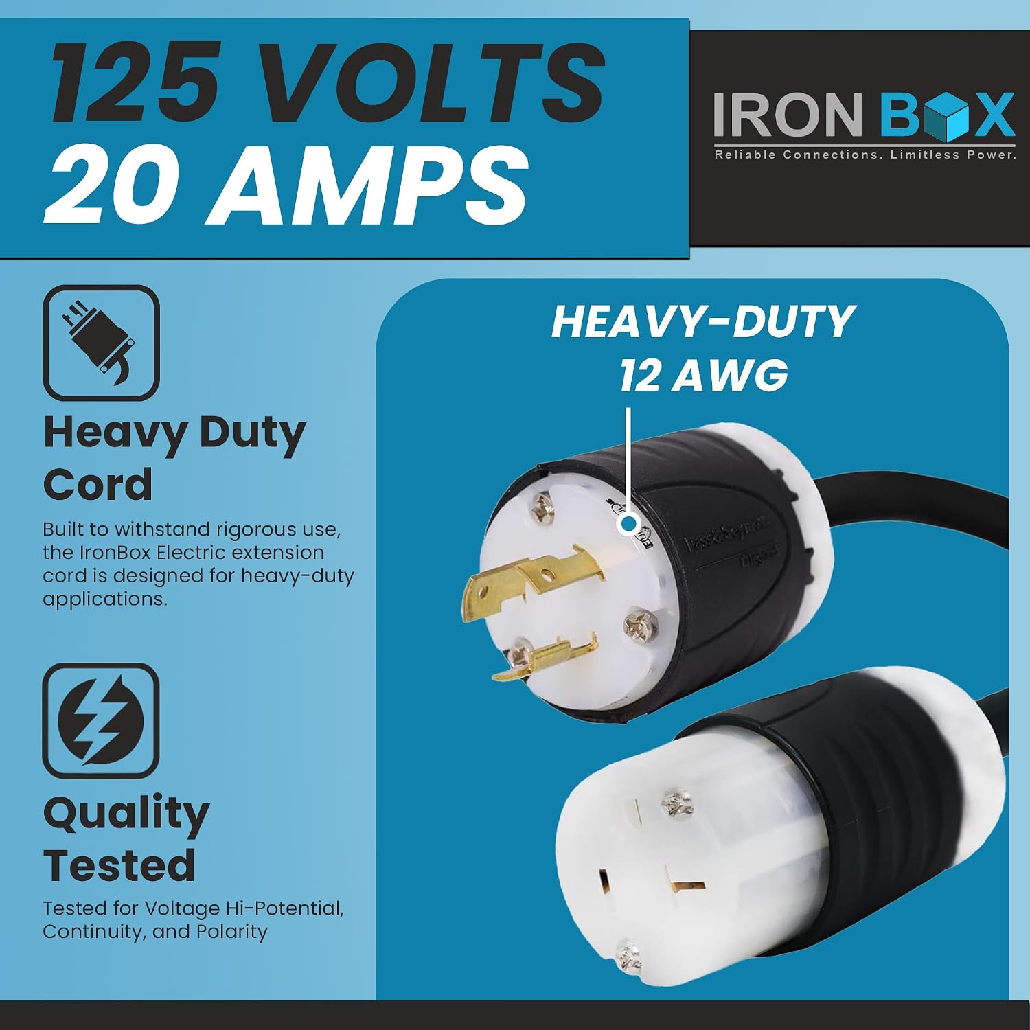 IronBox Electric NEMA L5-20P to 5-20R Power Cord Plug Adapter - 20A, 125V,12 AWG - UL Listed Heavy Duty Adapter Cable for Generator, Data Centers, Computers, Outdoor Events & More (Custom Built, 20ft)