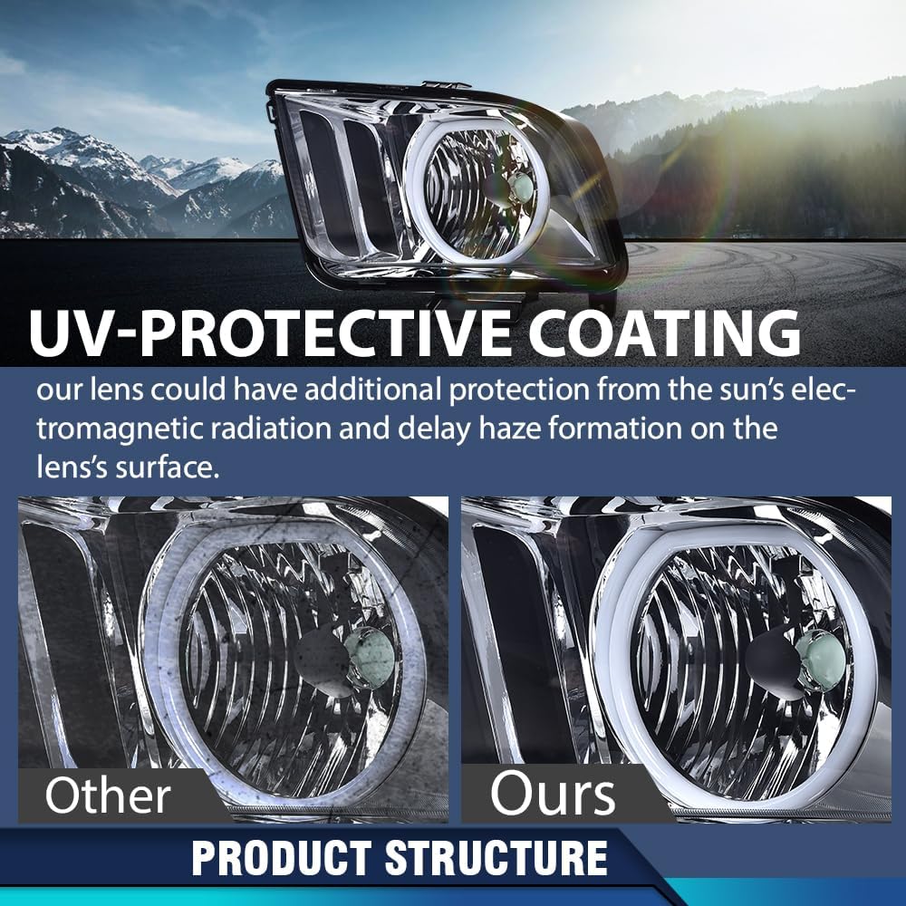 PIT66 Headlight Assembly Compatible with 2005 2006 2007 2008 2009 Ford Mustang Headlamp Driver & Passenger Side, Smoky Lens Chrome Housing Headlamp Front Light