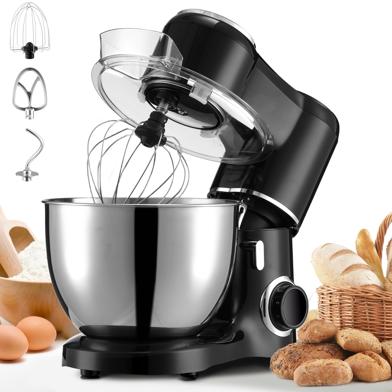 Warmiehomy Stand Mixer 1500W 8L Food Mixers for Baking, Electric Kitchen Mixers Dough Mixer Cake Mixer with Stainless Steel Bowl, Beater, Dough Hook, Whisk for Baking, Black — image 1