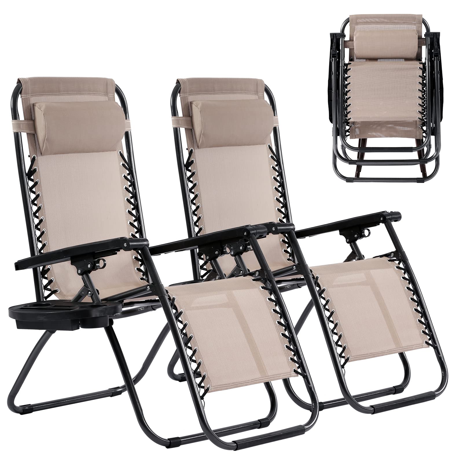 Pazidom Zero Gravity Chair Set of 2, Folding Lounge Chair Adjustable Reclining Chair Camping Lawn Chair w/Pillow and Cup Holder Tray, Folding Chair Outdoor Chair - Comfortable & Breathable, Tan