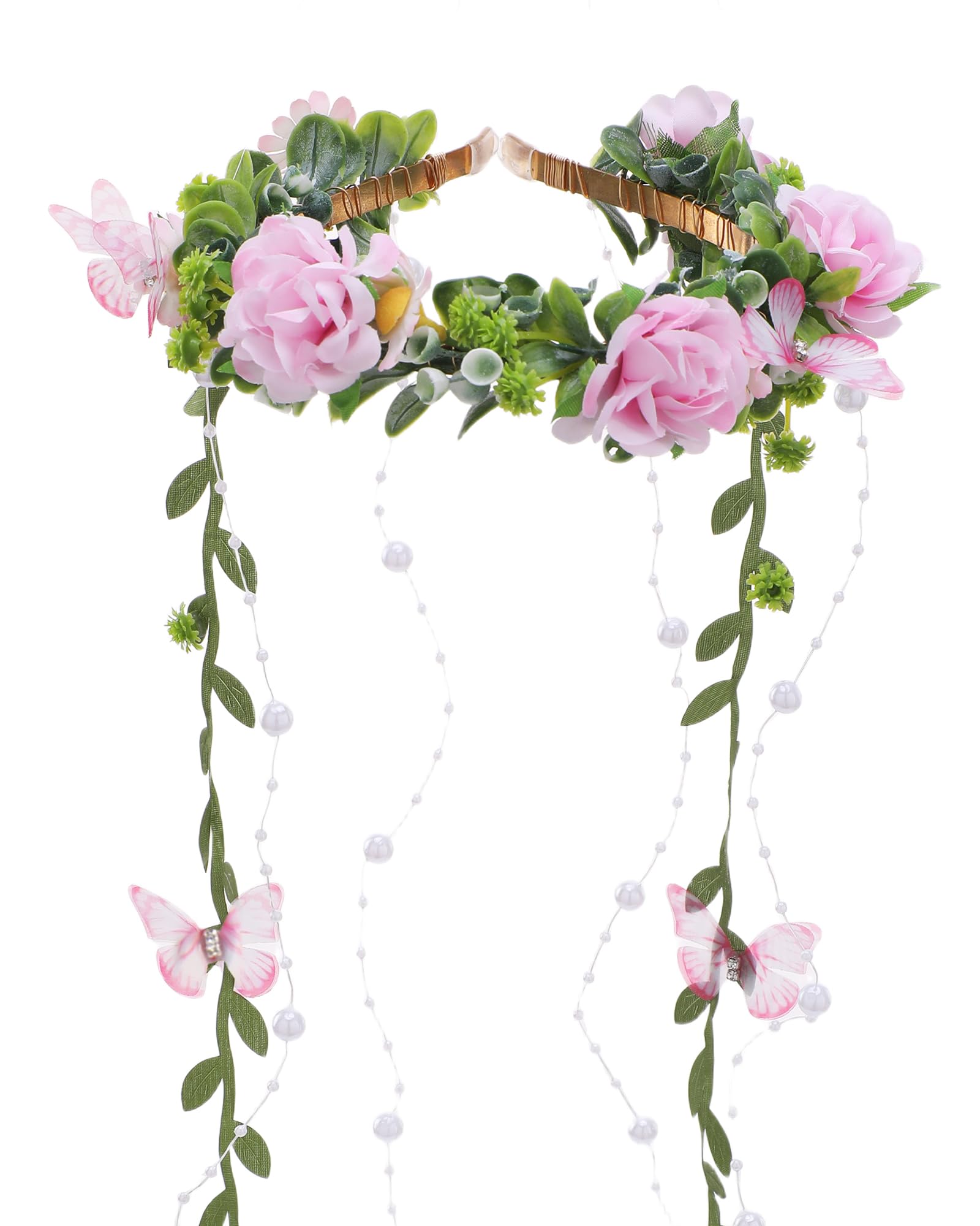 PartyforU Flower Crown Butterfly Headband, Pink Green Elf Forest Elf Headwear Crown, Fairy Costume Accessories for Women for Renaissance