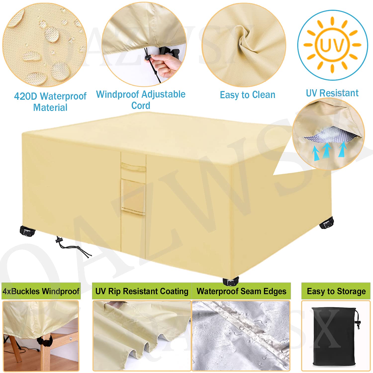 Copertura impermeabile per mobili da giardino in tessuto Oxford 420D, resistente, rettangolare, rettangolare, quadrato, antivento, anti UV, beige, 200 x 160 x 70 cm