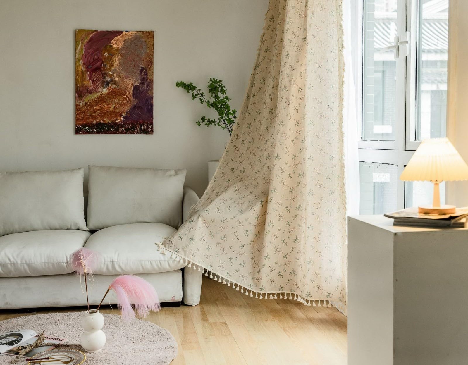 A.Monamour Rideau Voilage Passe Tringle Semi Occultant Opaque Coton Lin Floral Rural Boho Décoration Fenêtre Court Rideau de Porte avec Glands à Pompons pour Salon Chambre Cuisine, 1 Panneau