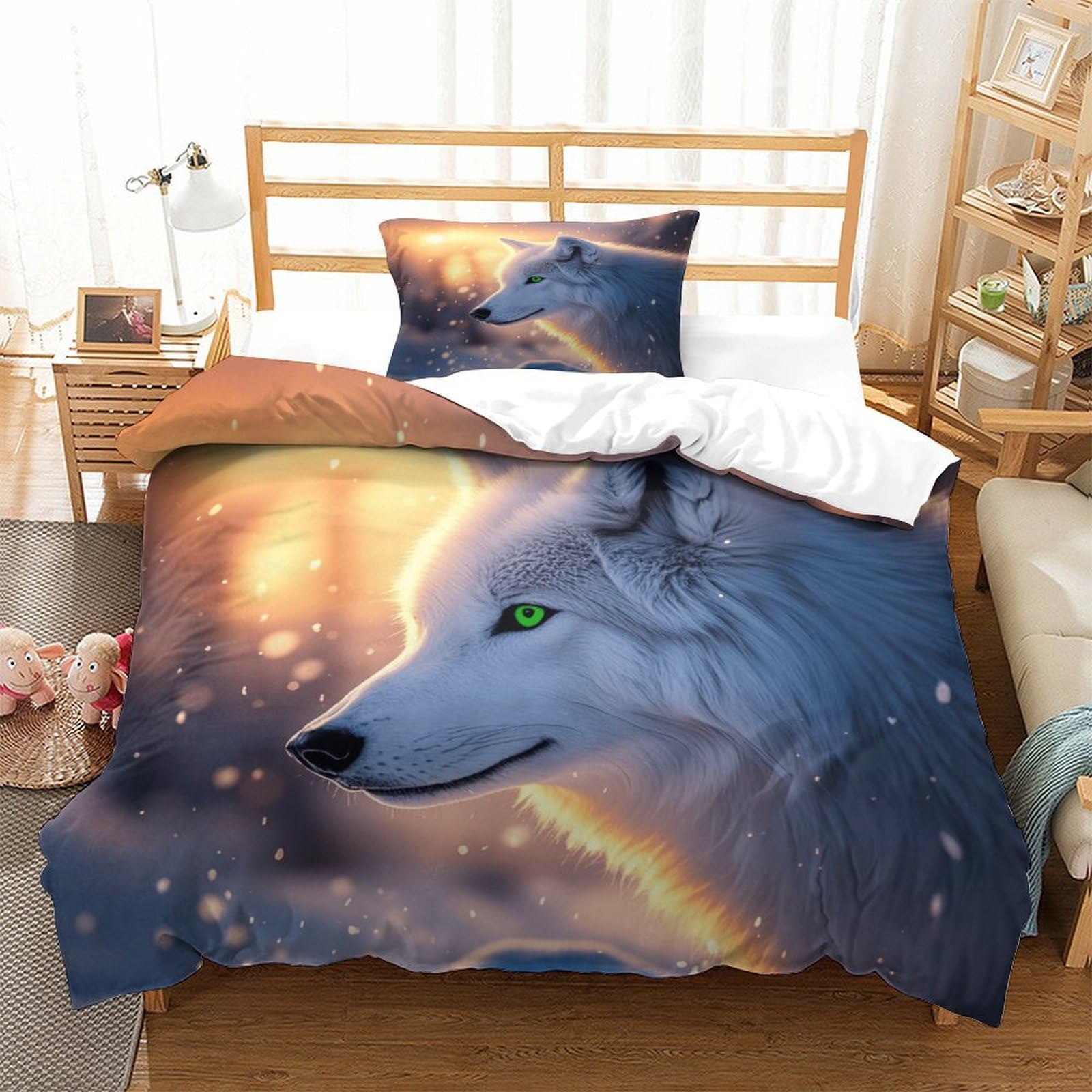 LILIlaobiao 3D Printed Lone Wolf Bedding Set Single（135x200cm）, Comforter Cover with Hidden Zipper,Arctic Wolf Pattern Quilt Cover Microfiber Duvet Cover with Pillowcase