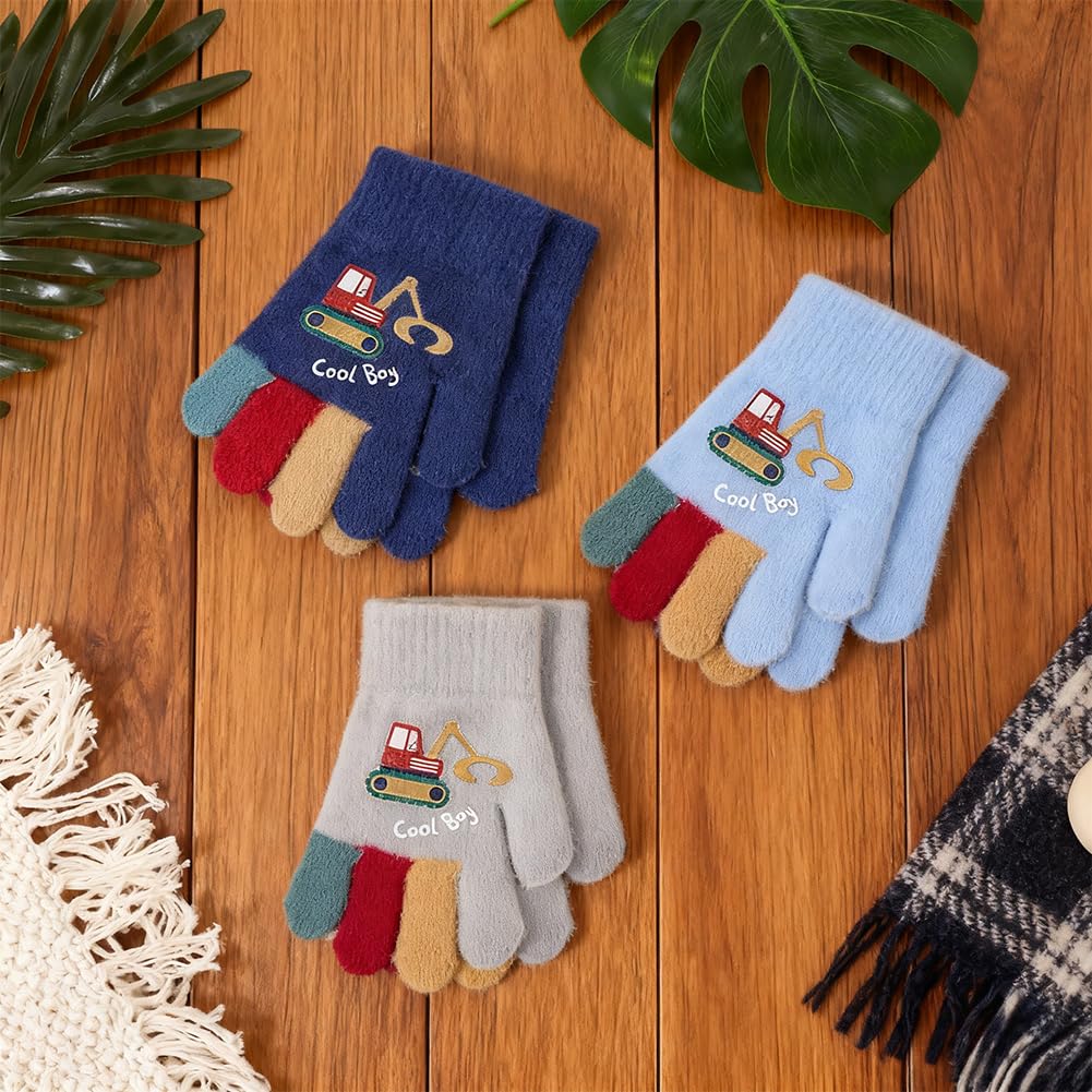 Zauberhandschuhe für Kinder, 3 Paar Kinder Gestrickt Handschuhe, Winter-Thermofäustlinge,Elastische Fäustlinge, Kälteschutzhandschuhe, für Jungen und Mädchen, 5–7 Jahre