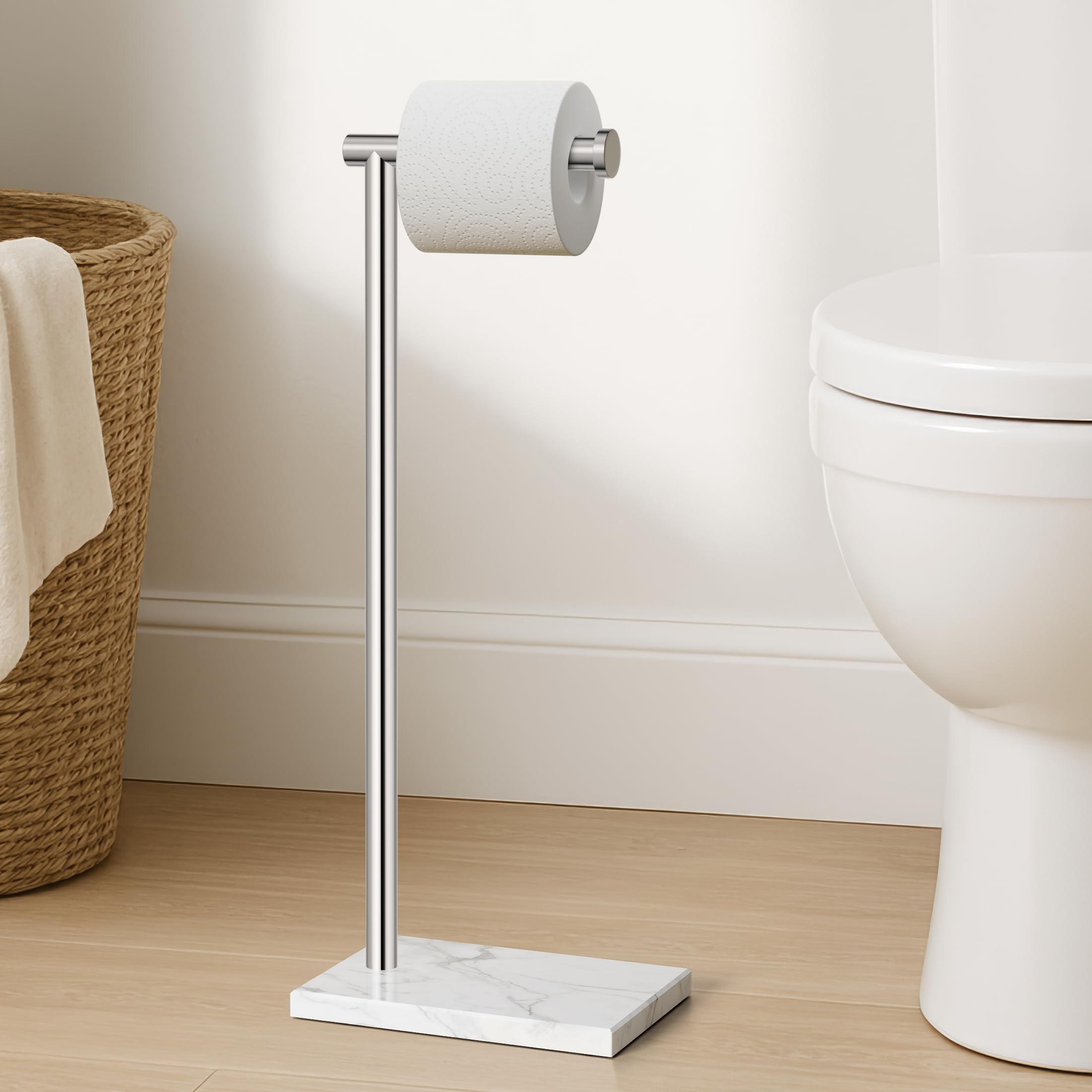 KES Chrome Toilet Roll Holder Free Standing with Rectangular Marble Base, Bathroom Floor Standing Toilet Paper Holder Stand, 18/8 Stainless Steel Polished Finish, BPH285S1