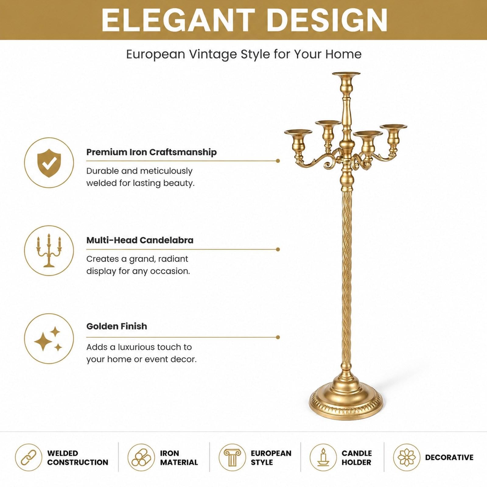 Candelabro de Pie, Adorno de Metal, Juego de 5 Candelabros para Chimenea, Sala de Estar, 19,5 cm x 89 cm