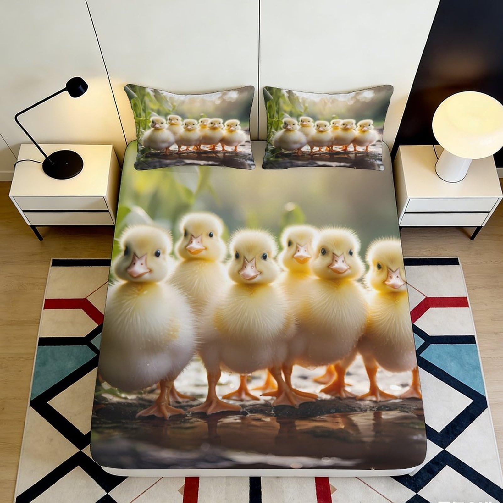 3D Printed Duck Family Fitted Sheet Microfiber Soft Anti-Slip Yellow Ducklings Bed Cover for Bedroom Decor 90x200x25cm