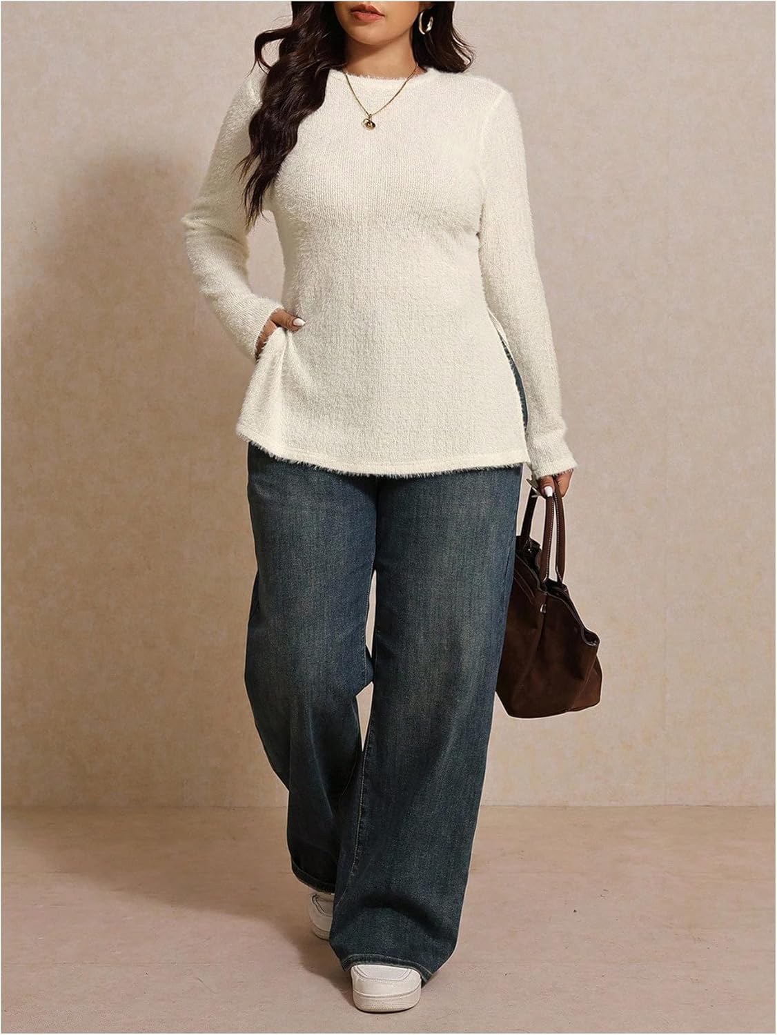 Women's Plus Size Fuzzy Sweater Side Slit Crew Neck Long Sleeve Knit Old Money Pullover Jumper Tops - Image 4
