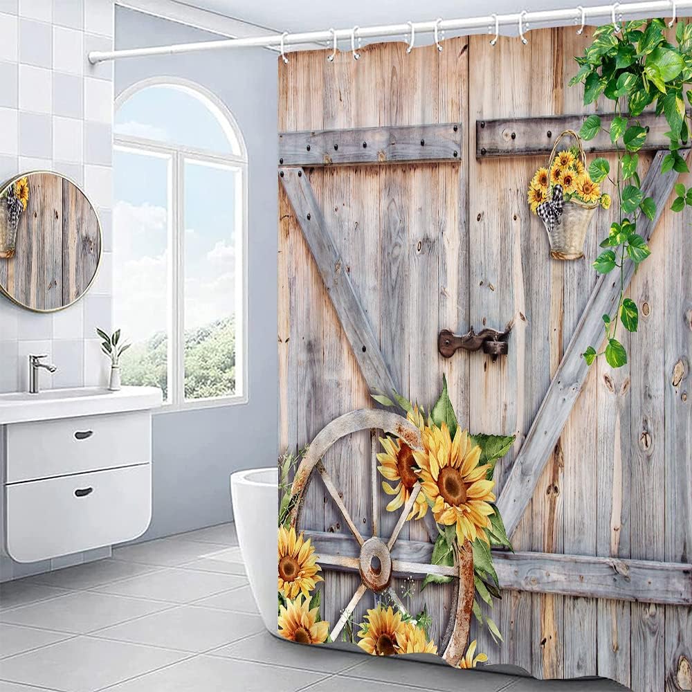 Rustic Sunflower Shower Curtain Vintage Farmhouse Barn Door Wooden Board Yellow Floral Green Leaves Plant Western Country Bathroom Curtains Polyester Fabric Set with Hooks 94Wx70H inch
