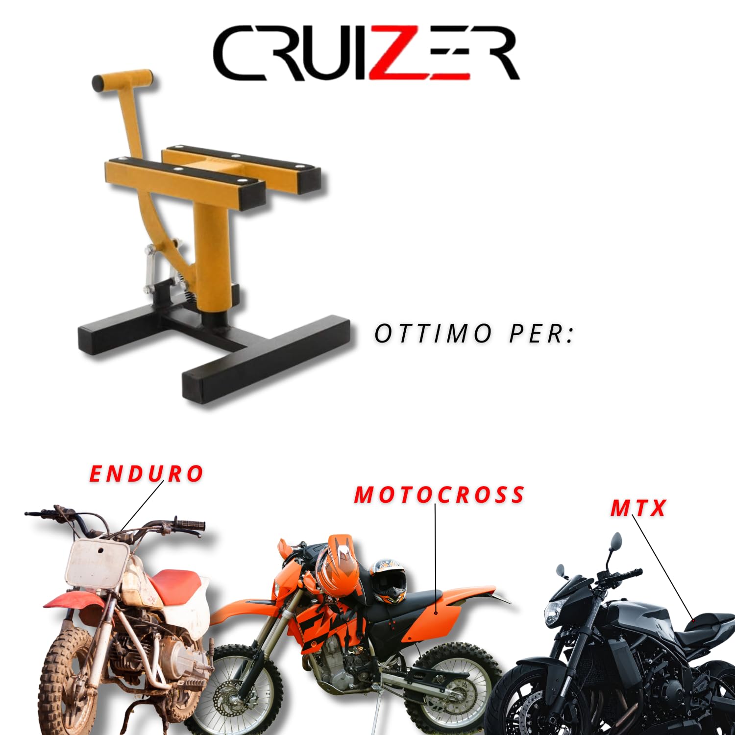 CRUIZER Caballete central amarillo para moto, motocross, enduro, motard, mantenimiento, carga máxima 200 kg, colores surtidos (amarillo)