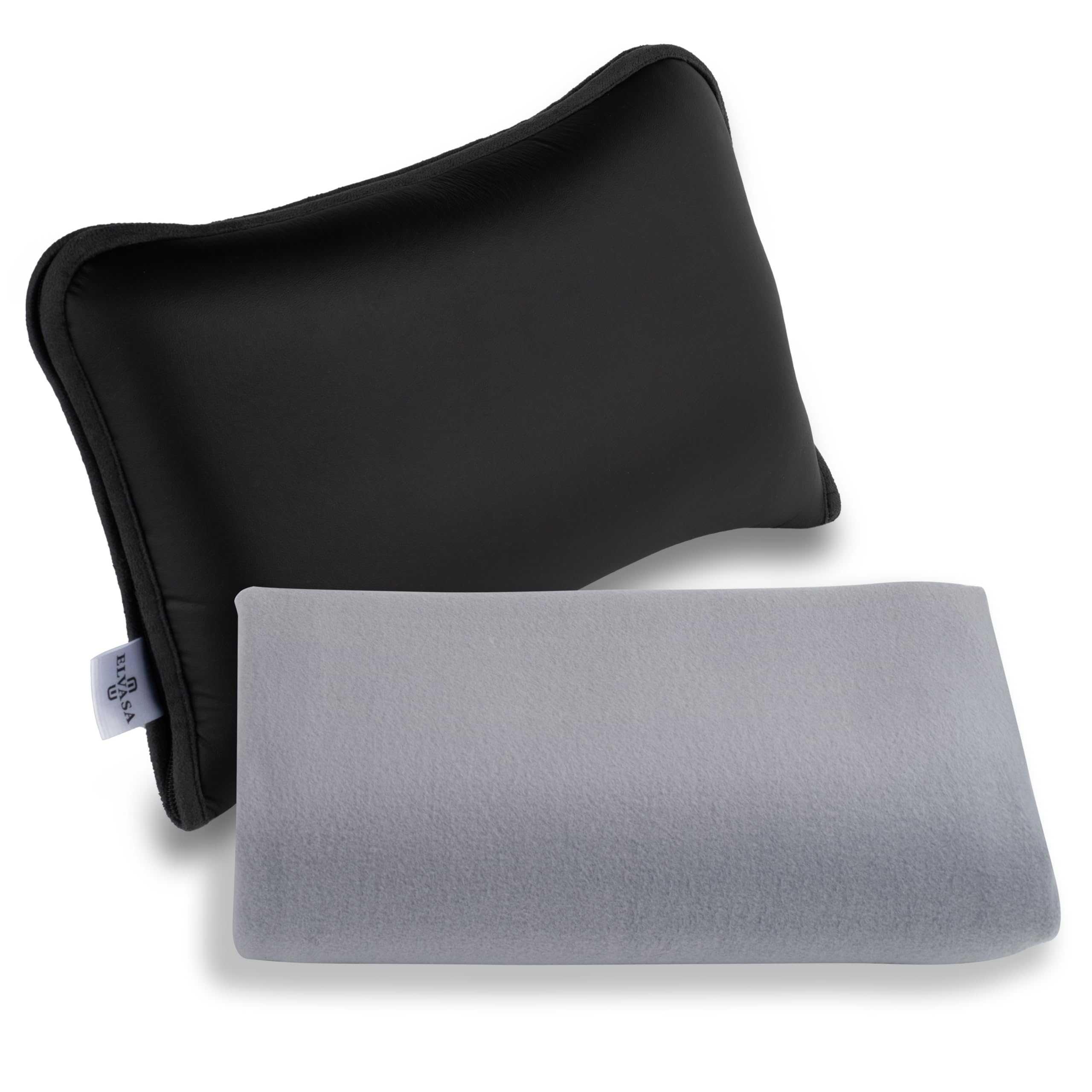 Elvasa Travel Blanket and Pillow Set – Compact Lightweight Throw for Train, Car – Small, Portable Fleece – Long Flight Must Haves – Airplane Comfort Kit – Multi-Use Quillow for Travel (Black)