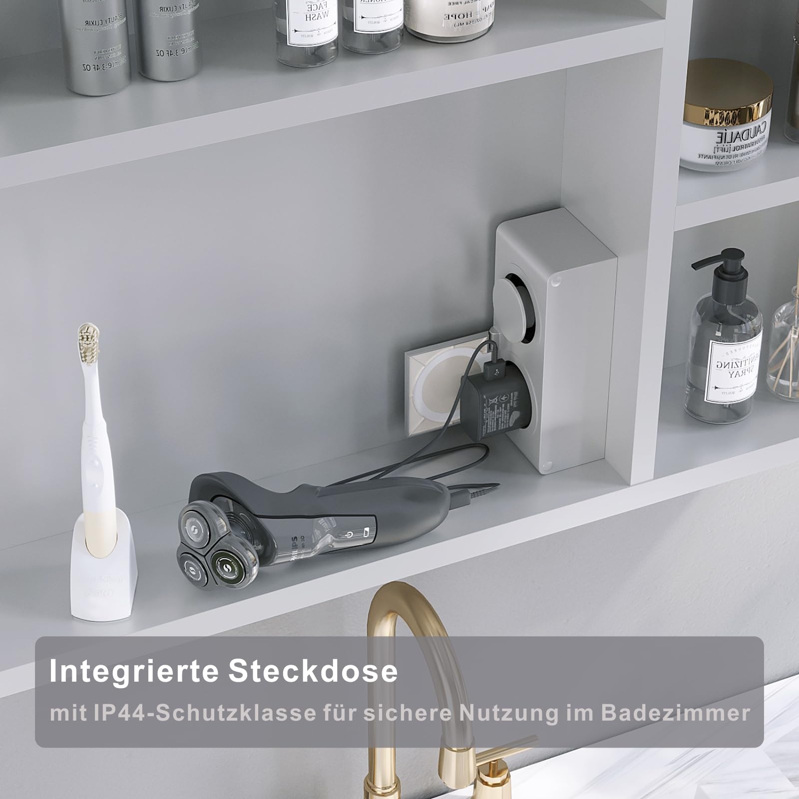 AQUABATOS Spiegelschrank Bad mit Beleuchtung und Steckdose 70 cm breit 60 cm höhe Aluminium Schrank Badspiegel Links offenen Fächern rechts LED Badschrank Infrarot Sensor Antibeschlag dimmbar