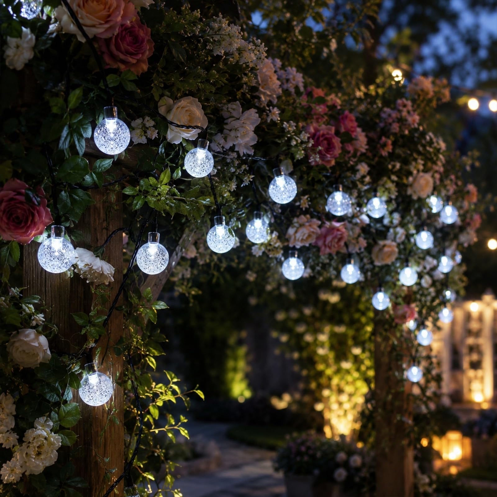 Hiseng Catena Luminosa Esterna Solare, Luci Solari Esterno da Giardino a Bolle LED, Sfera a Bolle da 2,3 cm, Lampade Solari Impermeabili per Campeggio, Terrazzo, Balcone (Bianco,22m 200LED)