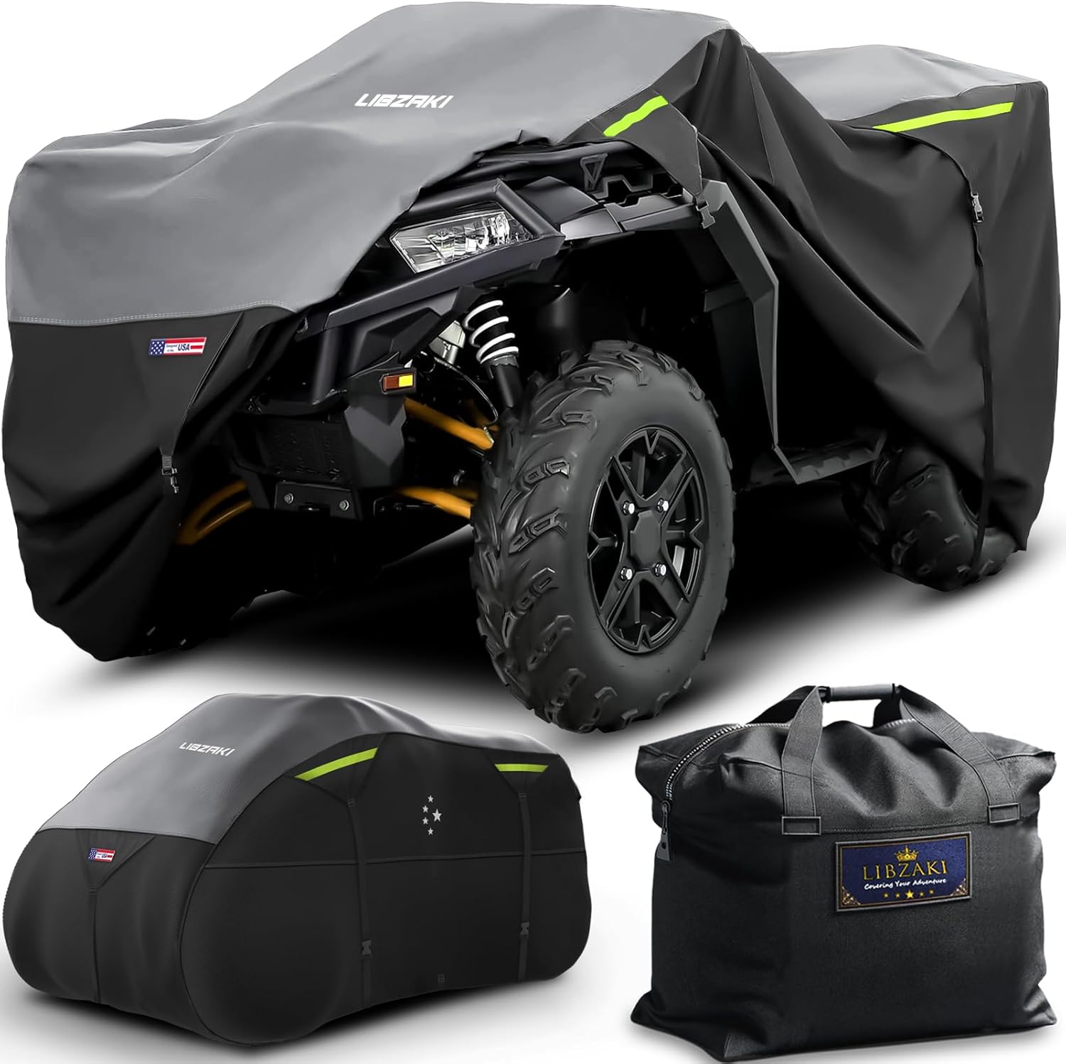 600D ATV Cover - Waterproof Heavy Duty Trailerable 4 Wheeler Quad Cover - All Season Weather Proof Outdoor UV Protection for Polaris Kawasaki Yamaha Suzuki Can-Am - Black/Gray