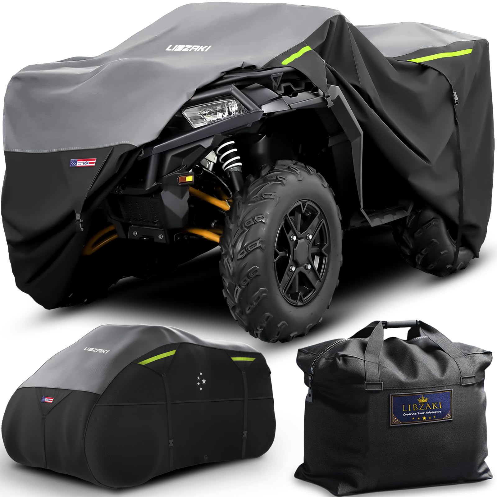 LI LIBZAKI 600D ATV Cover - Waterproof Heavy Duty Trailerable 4 Wheeler Quad Cover - All Season Weather Proof Outdoor UV Protection for Polaris Kawasaki Yamaha Suzuki Can-Am - Black/Gray
