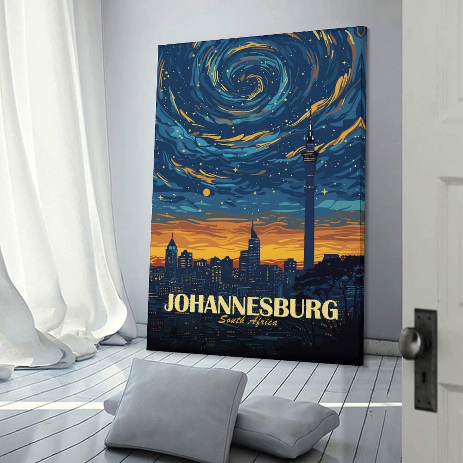 Junmoney Johannesburg South Africa Cityscape Art Canvas Wall Art 24x36inch(60x90cm), for Study, Office Or Focused Interiors, Home Office Artwork with Decorative Appeal