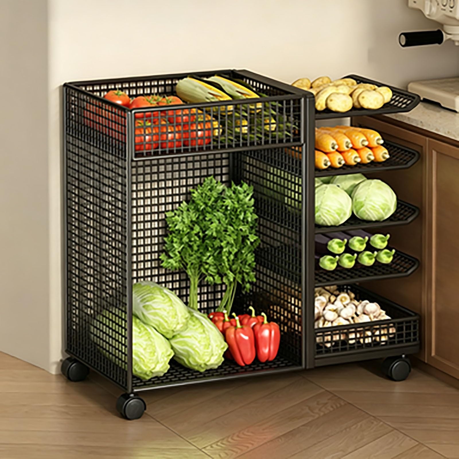 Support de rangement de cuisine en maille métallique noire pour gagner de la place