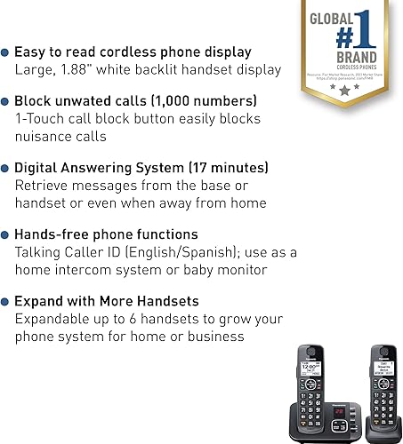 Miniatura 2 de Panasonic KX-TGE632M - Teléfono inalámbrico con contestador automático, bloqueo de llamadas automatizado, fácil de usar, 2 teléfonos (color negro