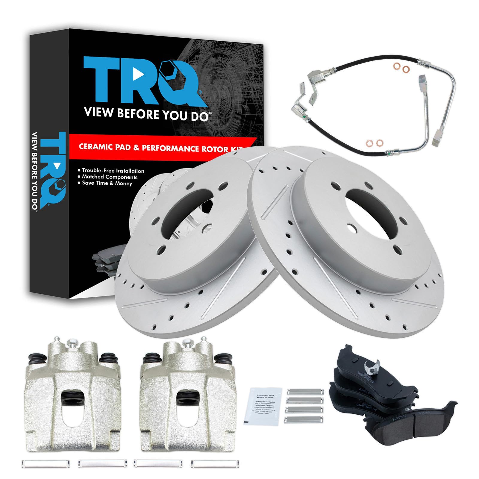 TRQ Performance Rear Brake Pad and Rotor Set Ceramic Drilled Slotted Coated Calipers Compatible with 2002-2005 Ford Explorer Mercury Mountaineer
