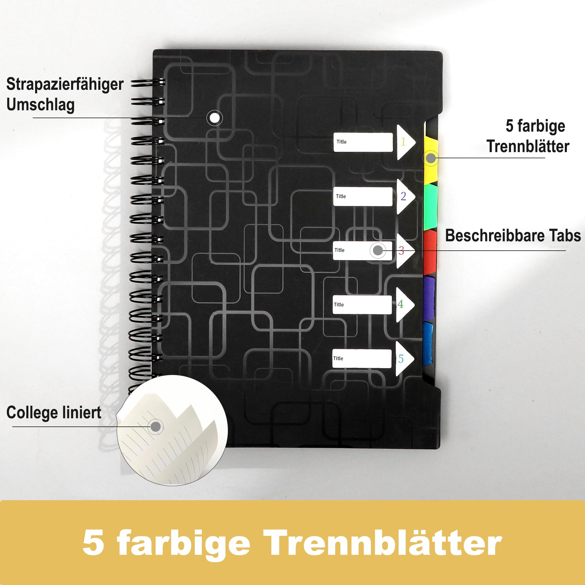 CAGIE Notizbuch A4 mit Register Spiralbindung 240 Seiten (120 Blatt) Klein Spirale Notizblock Liniert Block mit Register für Arbeit Office Schule College Essentials, Schwarz, 24x 29 cm