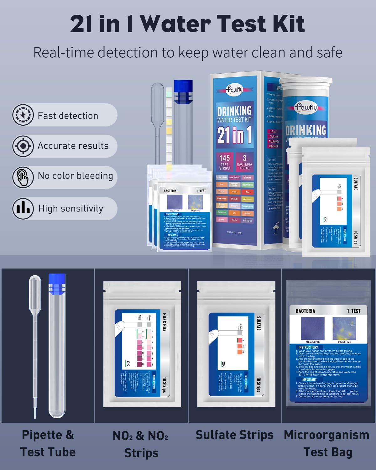 Pawfly 21 en 1 Kit de Prueba de Agua Potable, 125 Tiras para el Agua del Grifo Piscina Acuario, hogar Tiras de Prueba de Calidad del Agua para pH dureza Cloro Plomo Hierro Cobre nitrato fluoruro