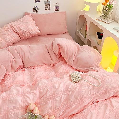 Miniatura 3 de Beyeutao Juego de funda de edredón de sirsaca de terciopelo, tamaño Queen, funda de edredón de sirsaca rosa, juego de ropa de cama de franela