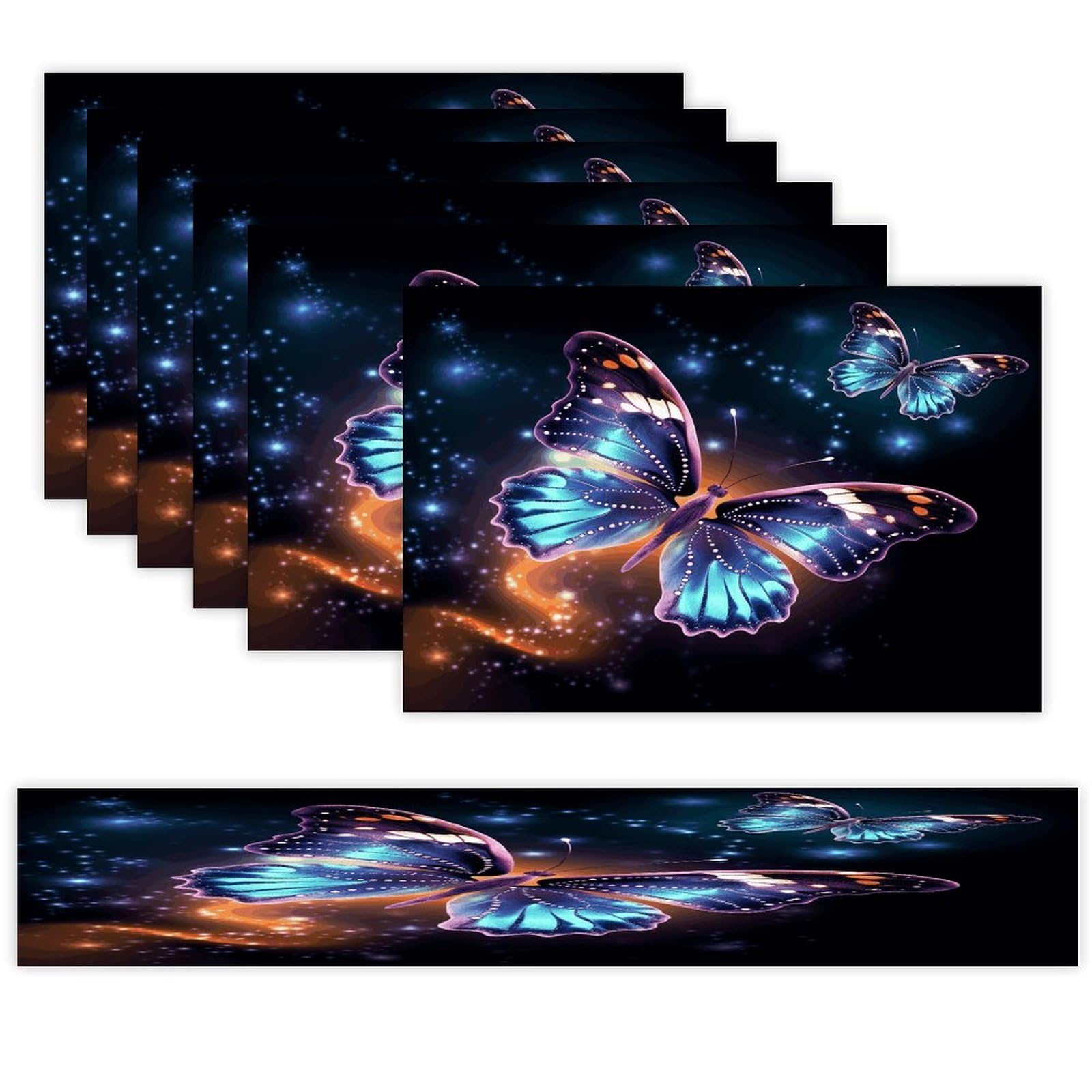 Butterfly and Stars Table Runner and Placemats Set of 6 for Kitchen Washable Table Mats Heat Resistant Place Mats Non-Slip Place Mat Wipeable Placemat(6 Placemats+1 Table Runner)