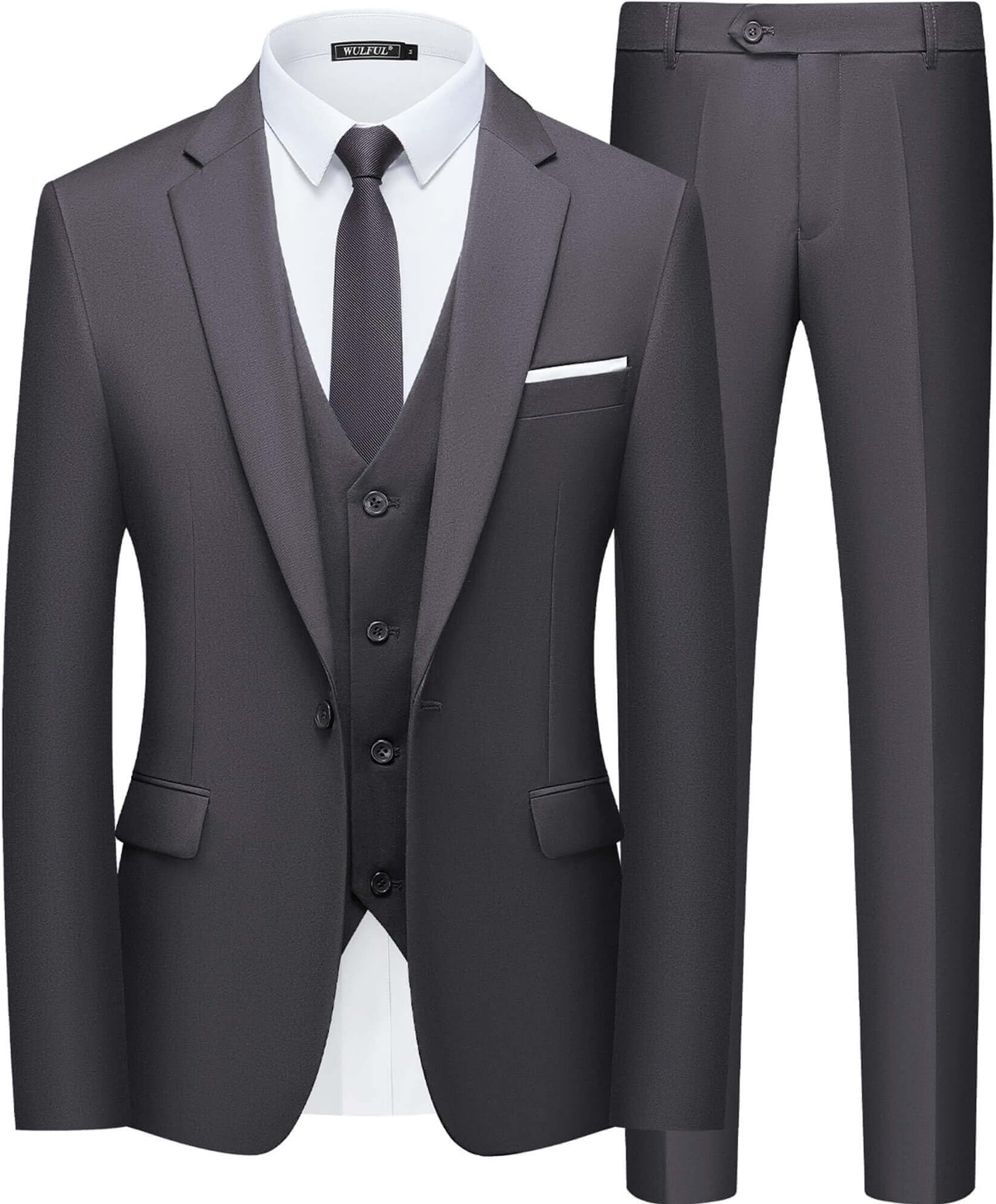WULFUL Suit Men's 3-Piece Blazer Suit Business Wedding Party Jacket Vest